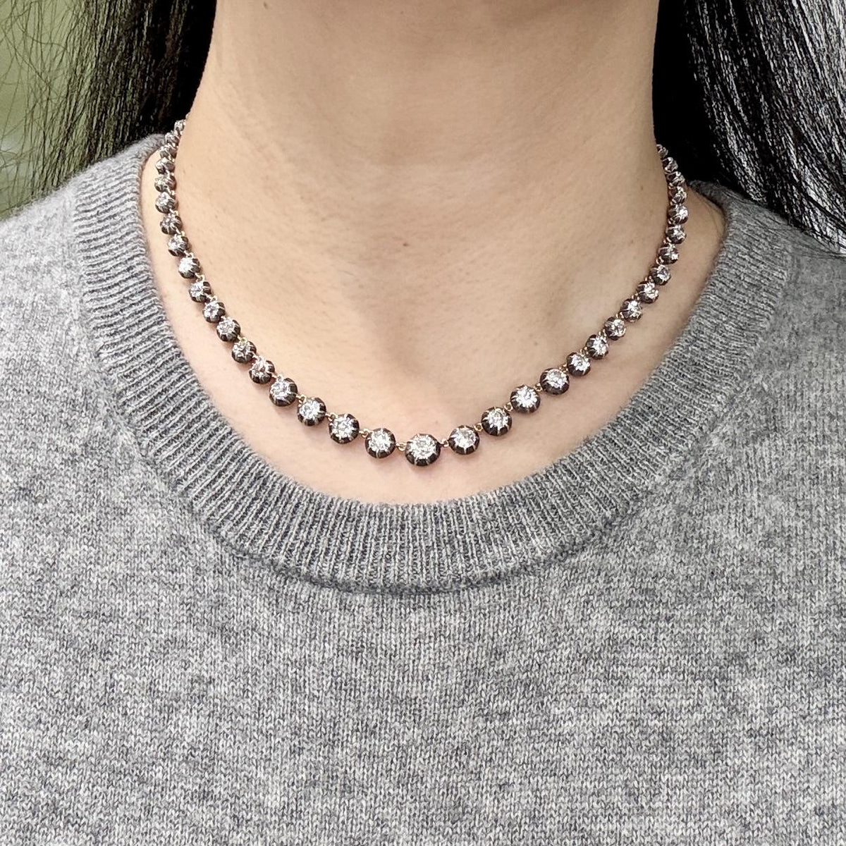 Vintage Collet Set Old Mine Cut Diamond Rivière Necklace