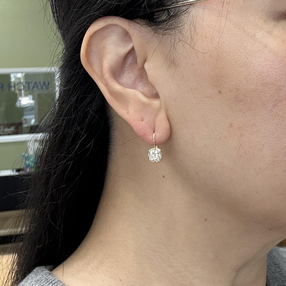 Collet Set GIA Old Mine Cut Cushion Diamond Drop Earrings 18k Yellow Gold