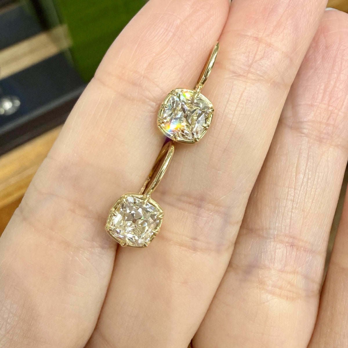 Collet Set GIA Old Mine Cut Cushion Diamond Drop Earrings 18k Yellow Gold