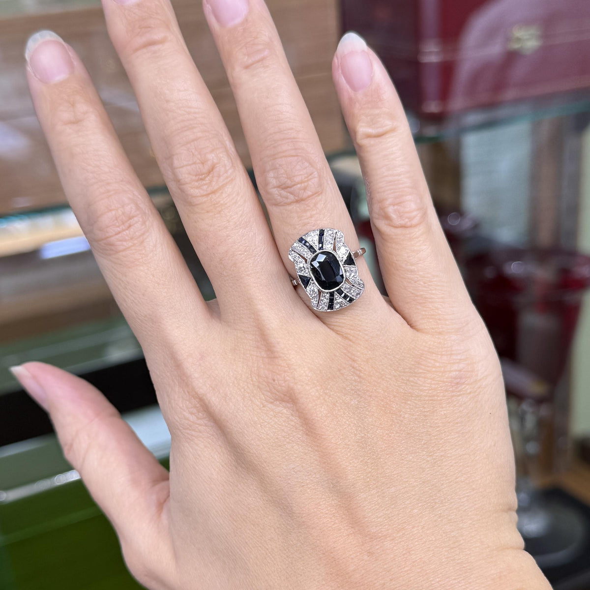 1930's Art Deco Sapphire and Old Cut Diamond Shield Ring Platinum