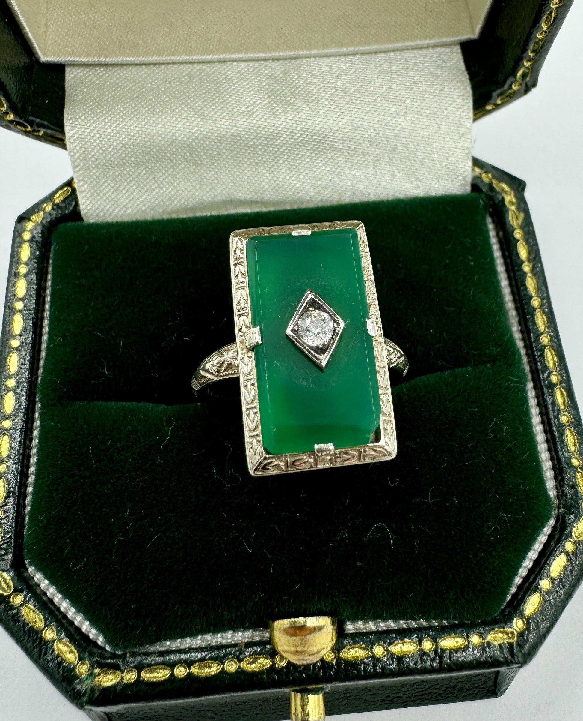 Art Deco 14k White Gold Green Stone Diamond ring Old Mine Cut