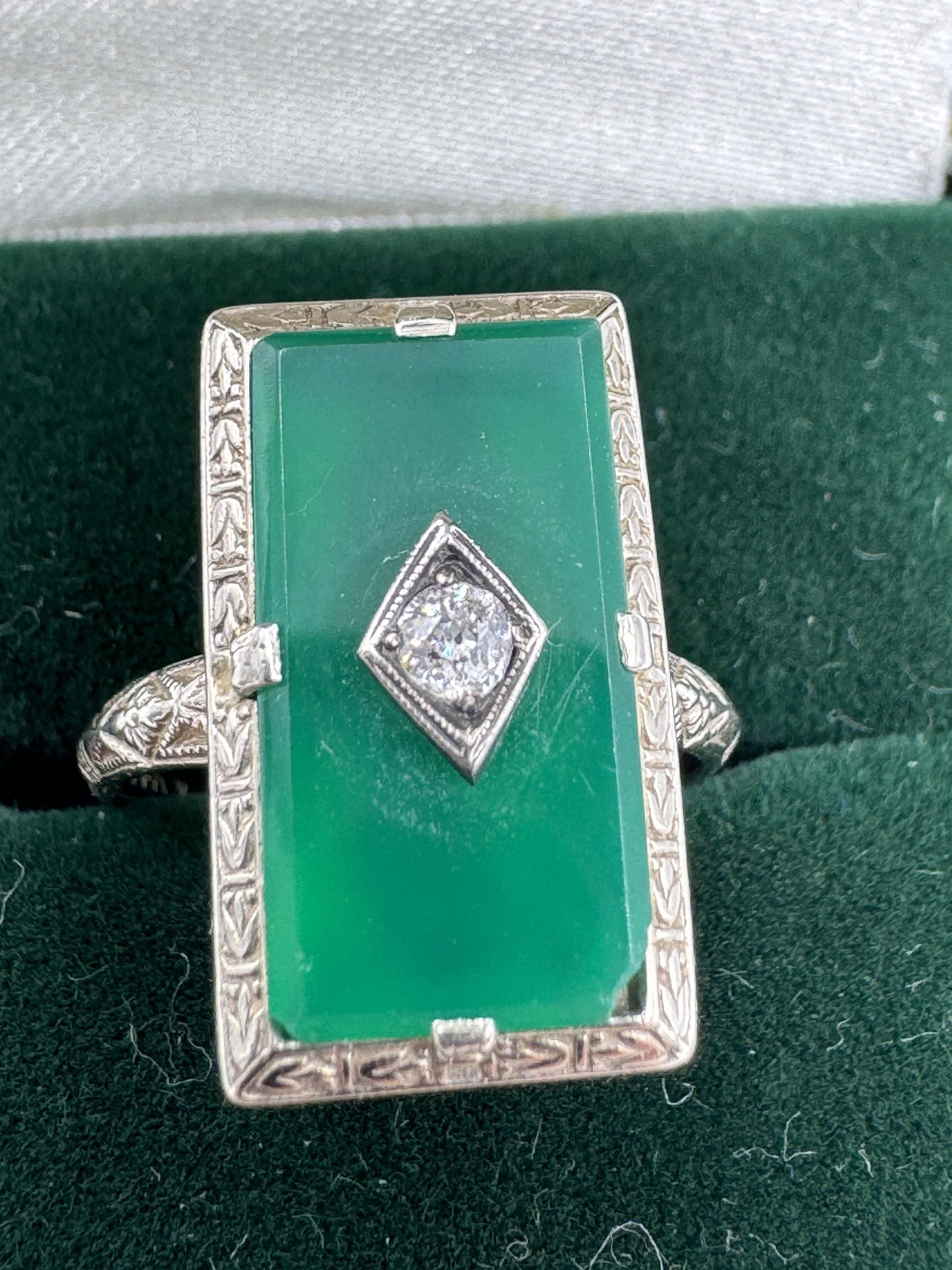 Art Deco 14k White Gold Green Stone Diamond ring Old Mine Cut