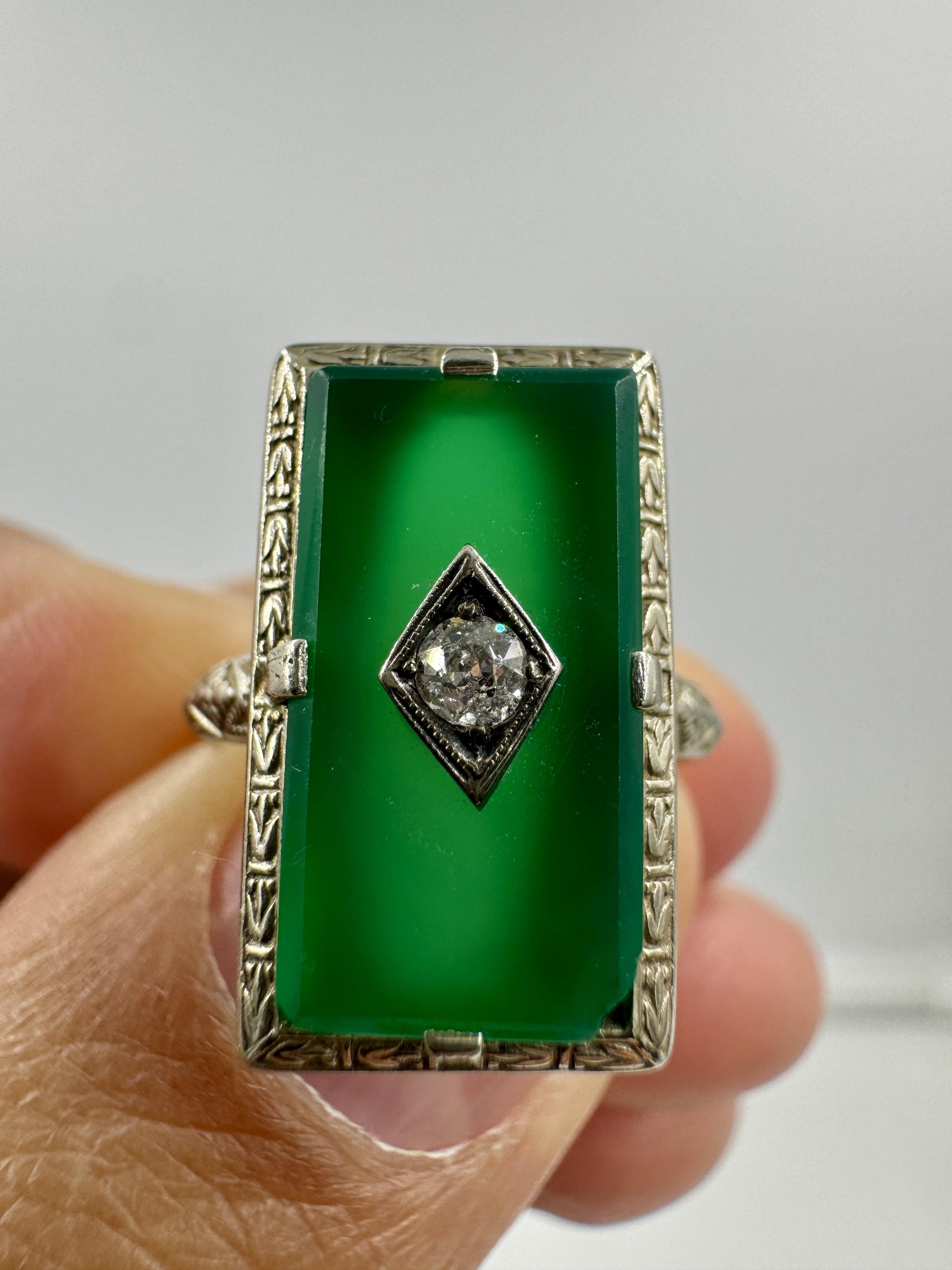 Art Deco 14k White Gold Green Stone Diamond ring Old Mine Cut