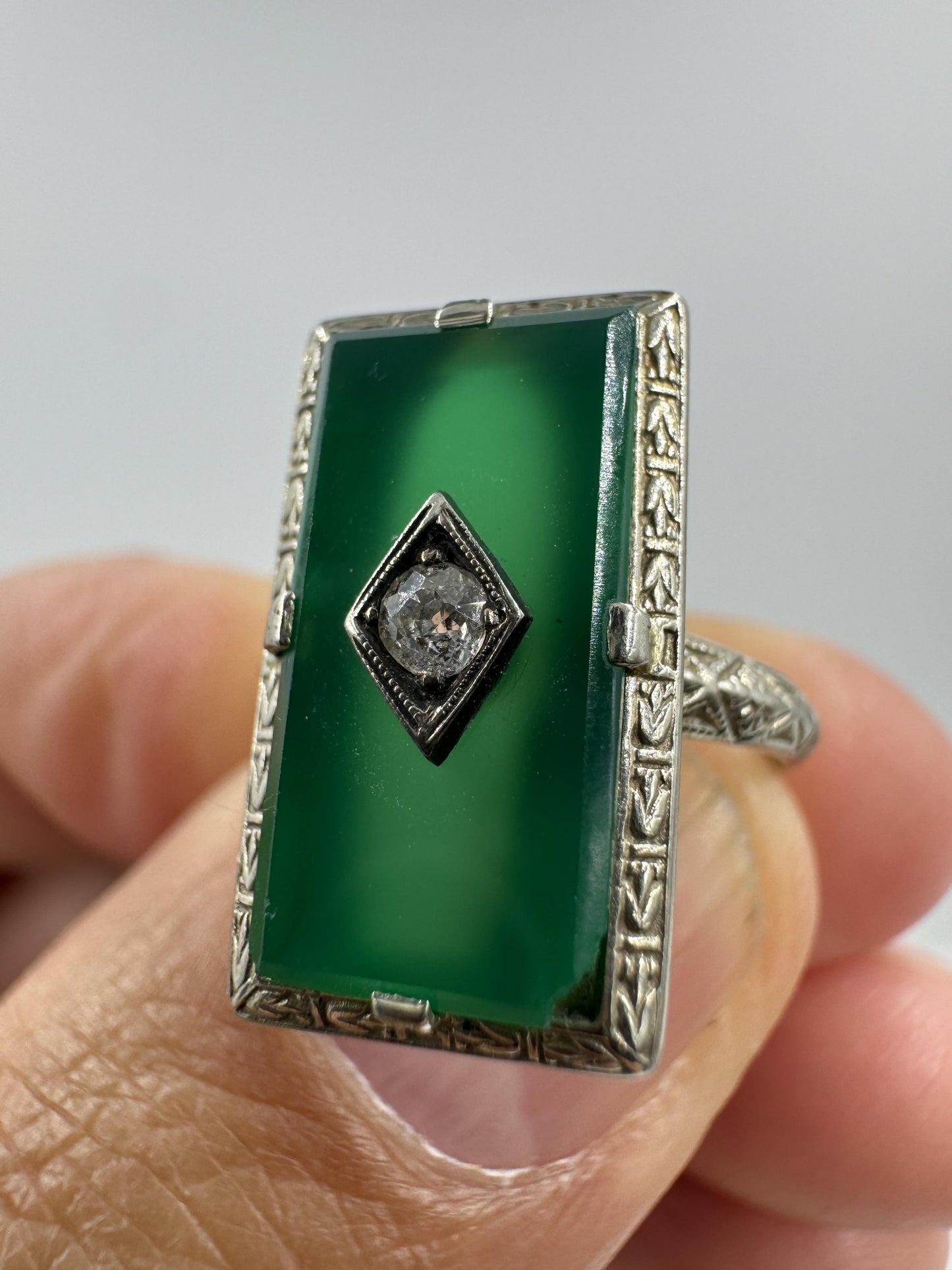 Art Deco 14k White Gold Green Stone Diamond ring Old Mine Cut