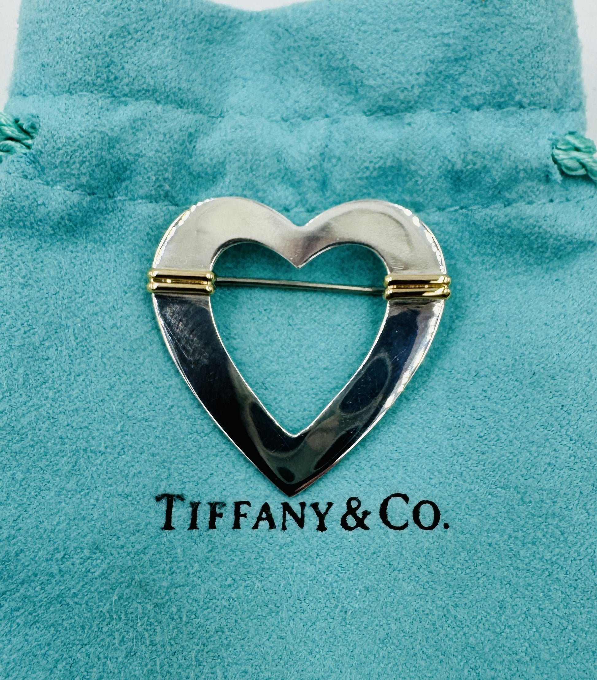 Tiffany 18k Gold on Sterling Silver Open Heart Brooch Pin