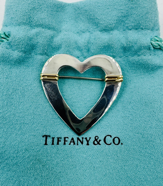 Tiffany 18k Gold on Sterling Silver Open Heart Brooch Pin