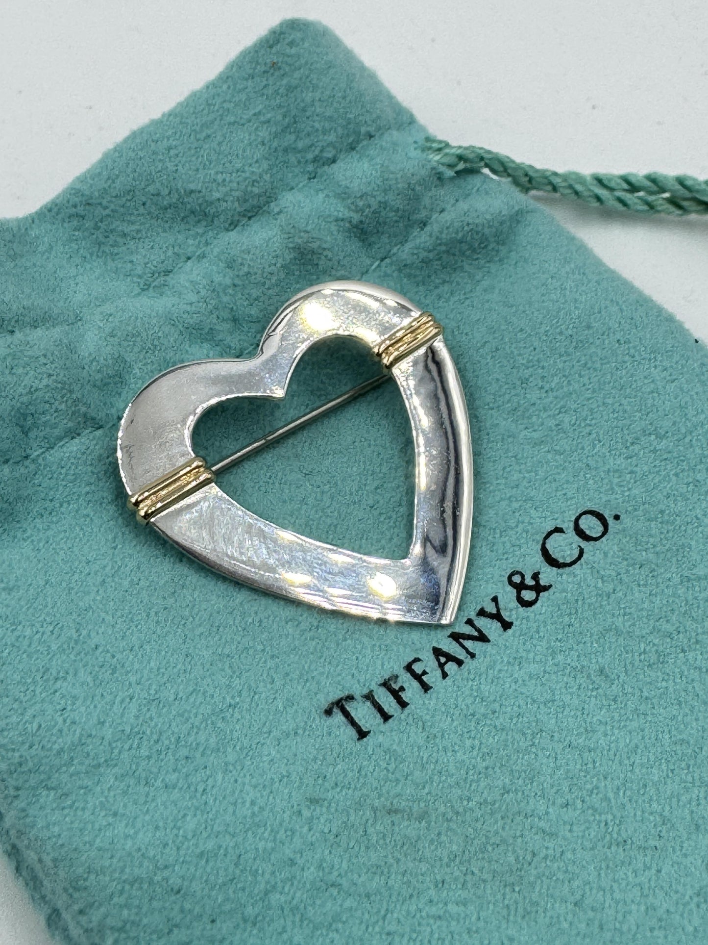 Tiffany 18k Gold on Sterling Silver Open Heart Brooch Pin