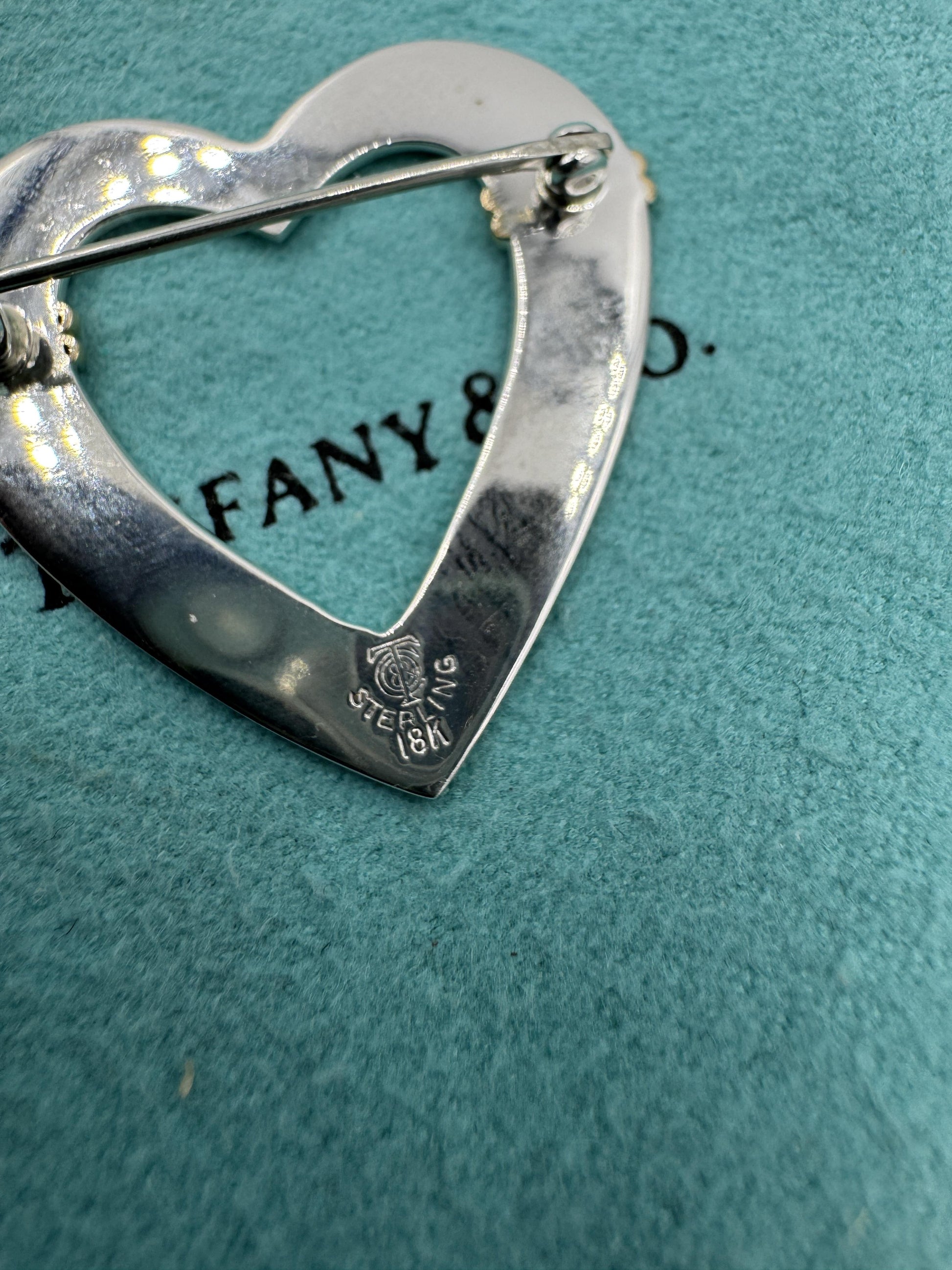 Tiffany 18k Gold on Sterling Silver Open Heart Brooch Pin