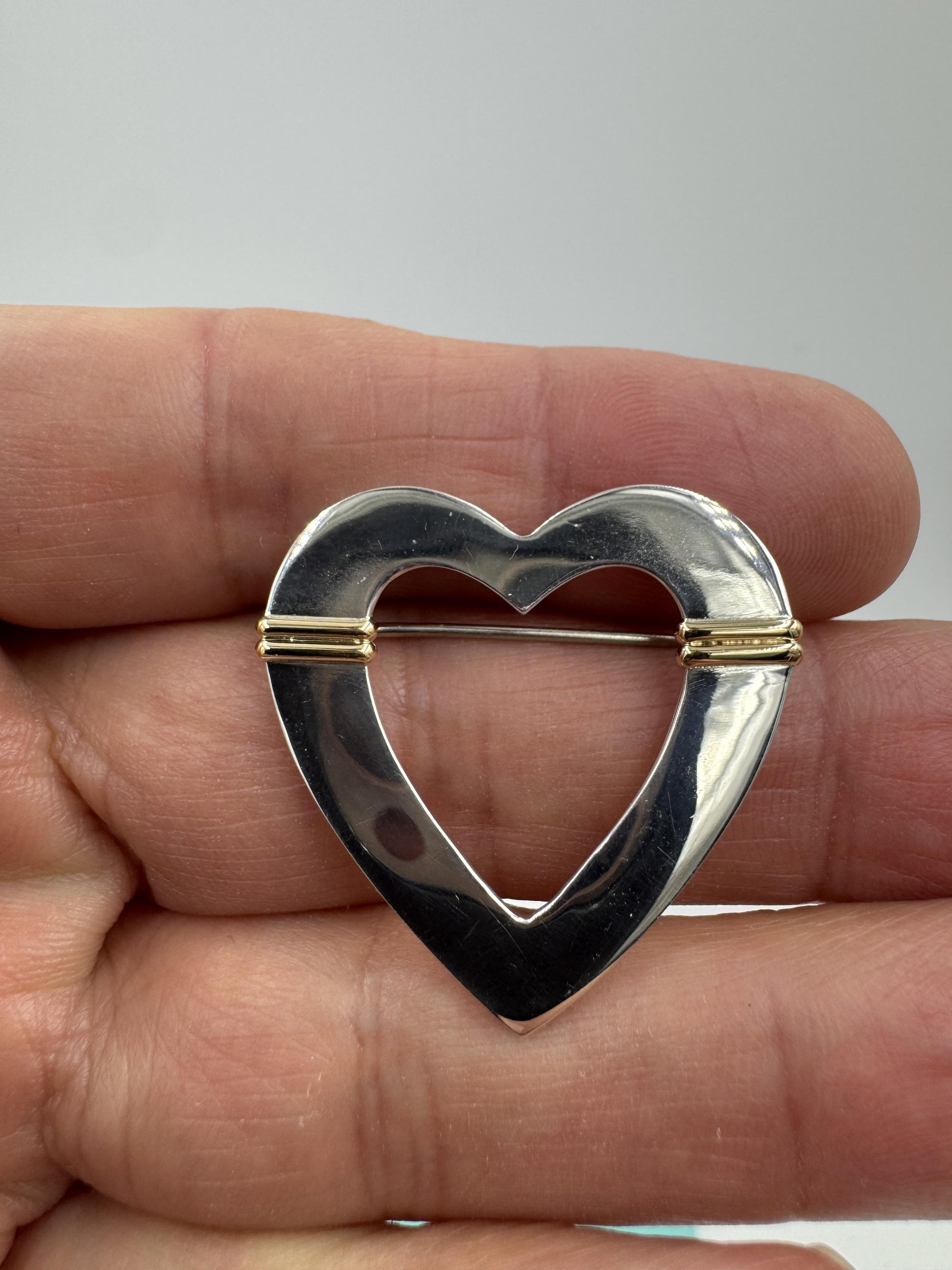 Tiffany 18k Gold on Sterling Silver Open Heart Brooch Pin