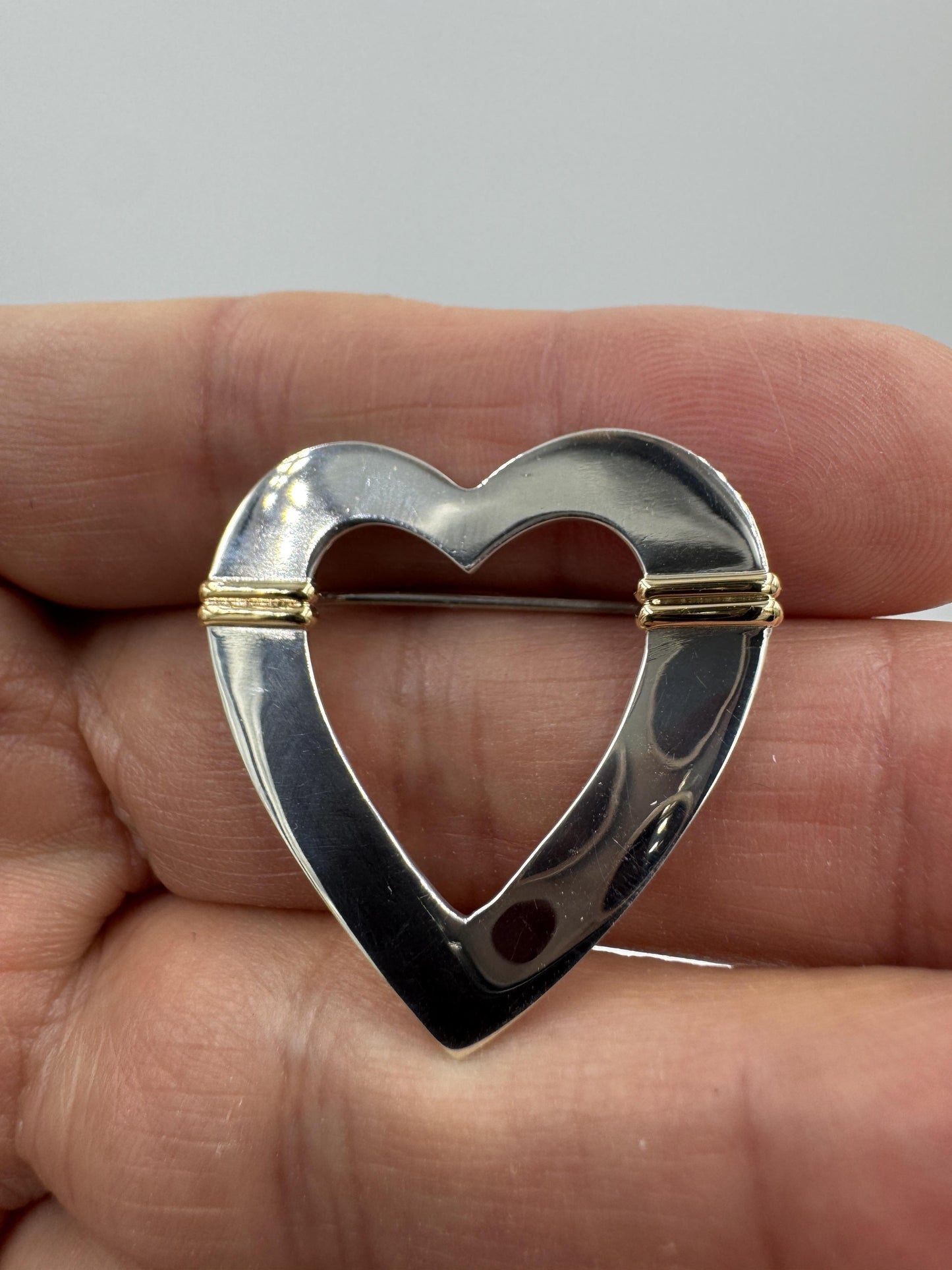 Tiffany 18k Gold on Sterling Silver Open Heart Brooch Pin