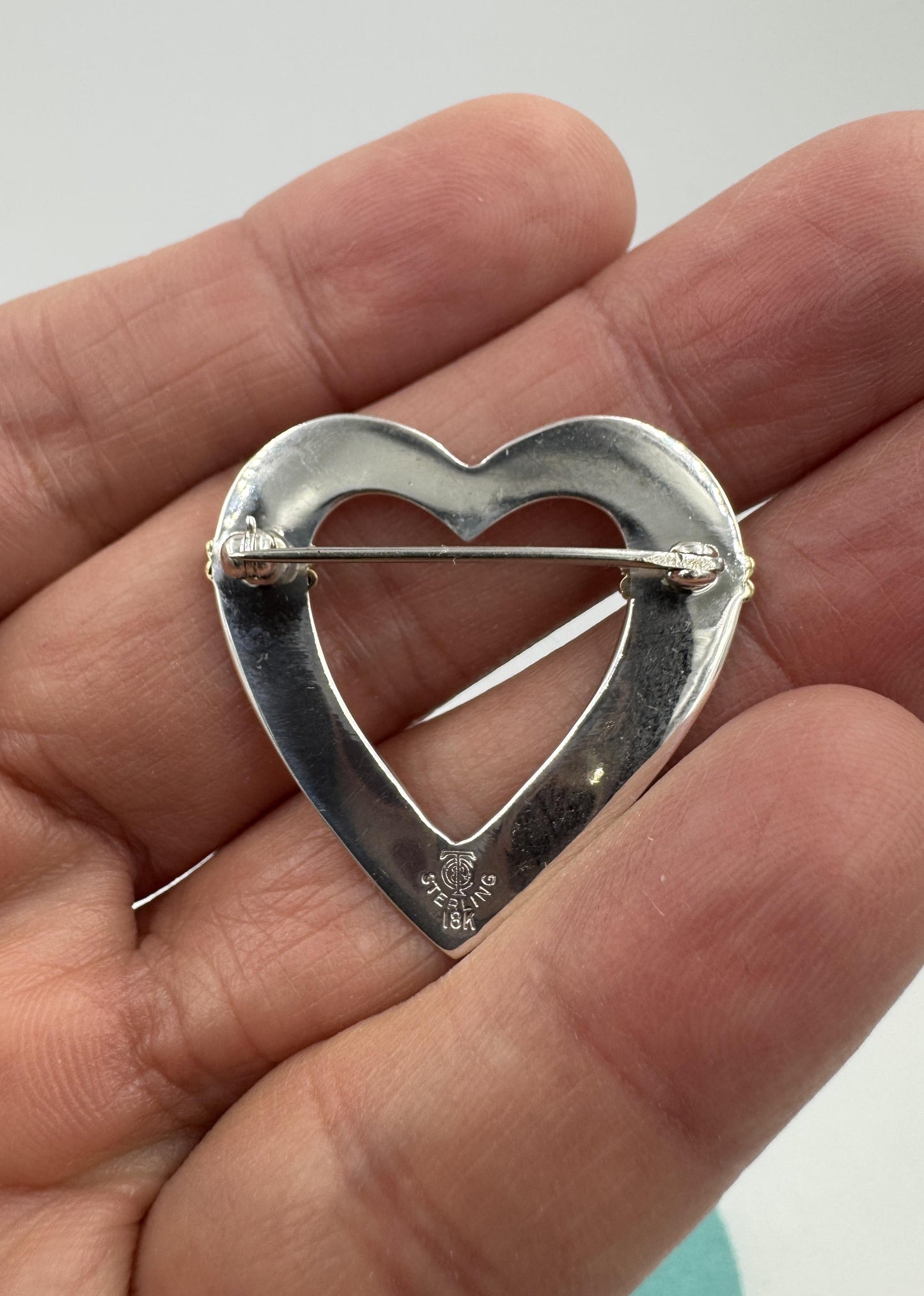 Tiffany 18k Gold on Sterling Silver Open Heart Brooch Pin