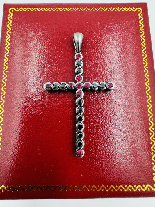 Vintage 14k White Gold Black Rhodium Ruby and Black Diamond Cross