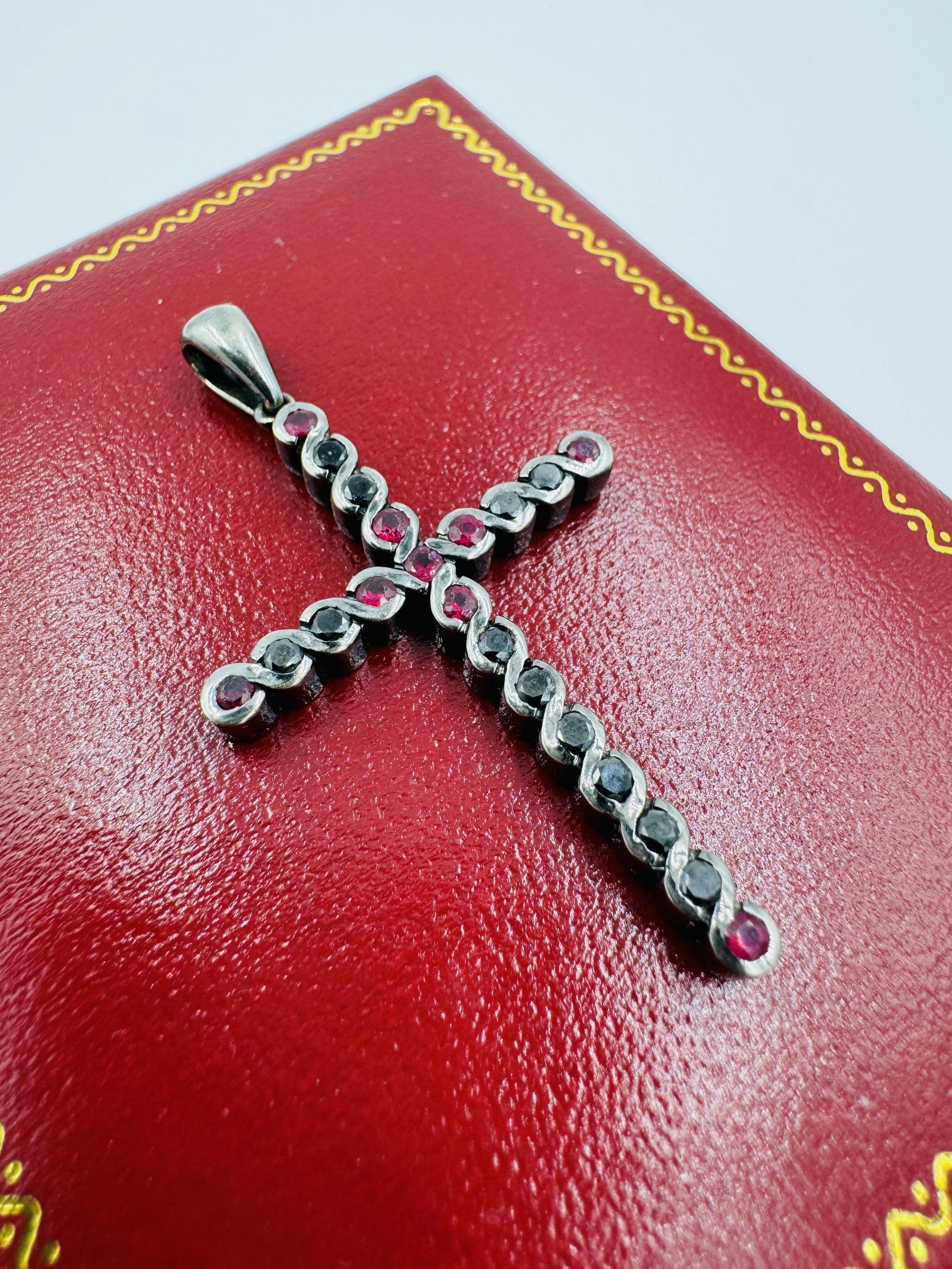 Vintage 14k White Gold Black Rhodium Ruby and Black Diamond Cross