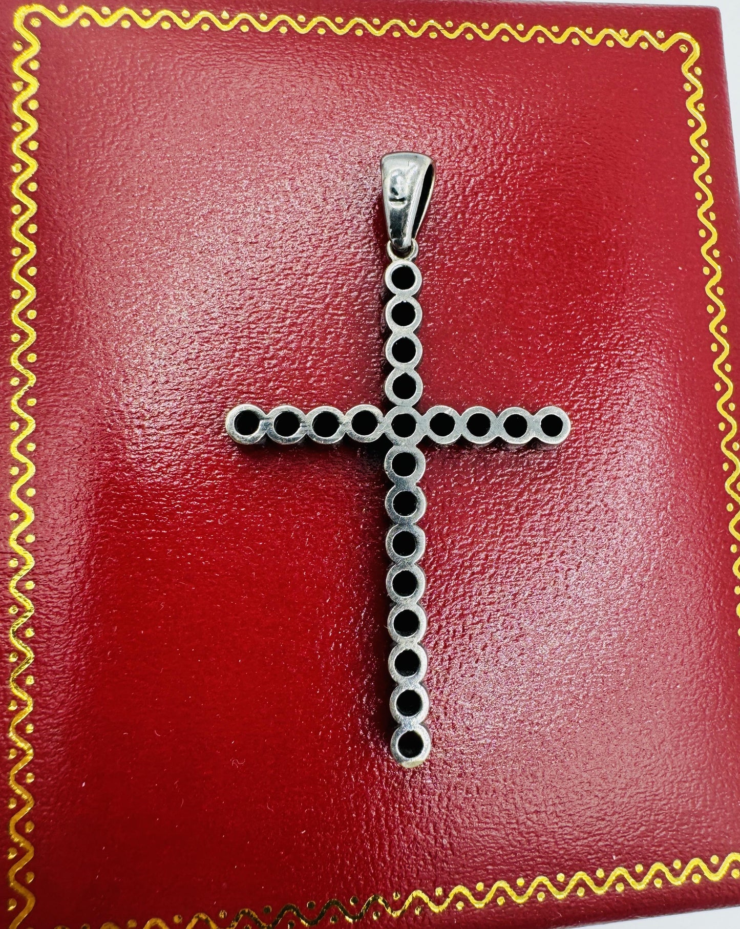 Vintage 14k White Gold Black Rhodium Ruby and Black Diamond Cross