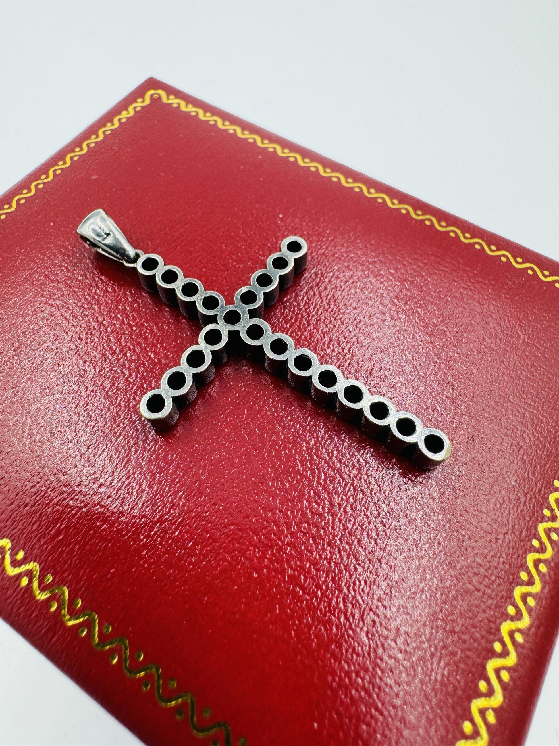 Vintage 14k White Gold Black Rhodium Ruby and Black Diamond Cross