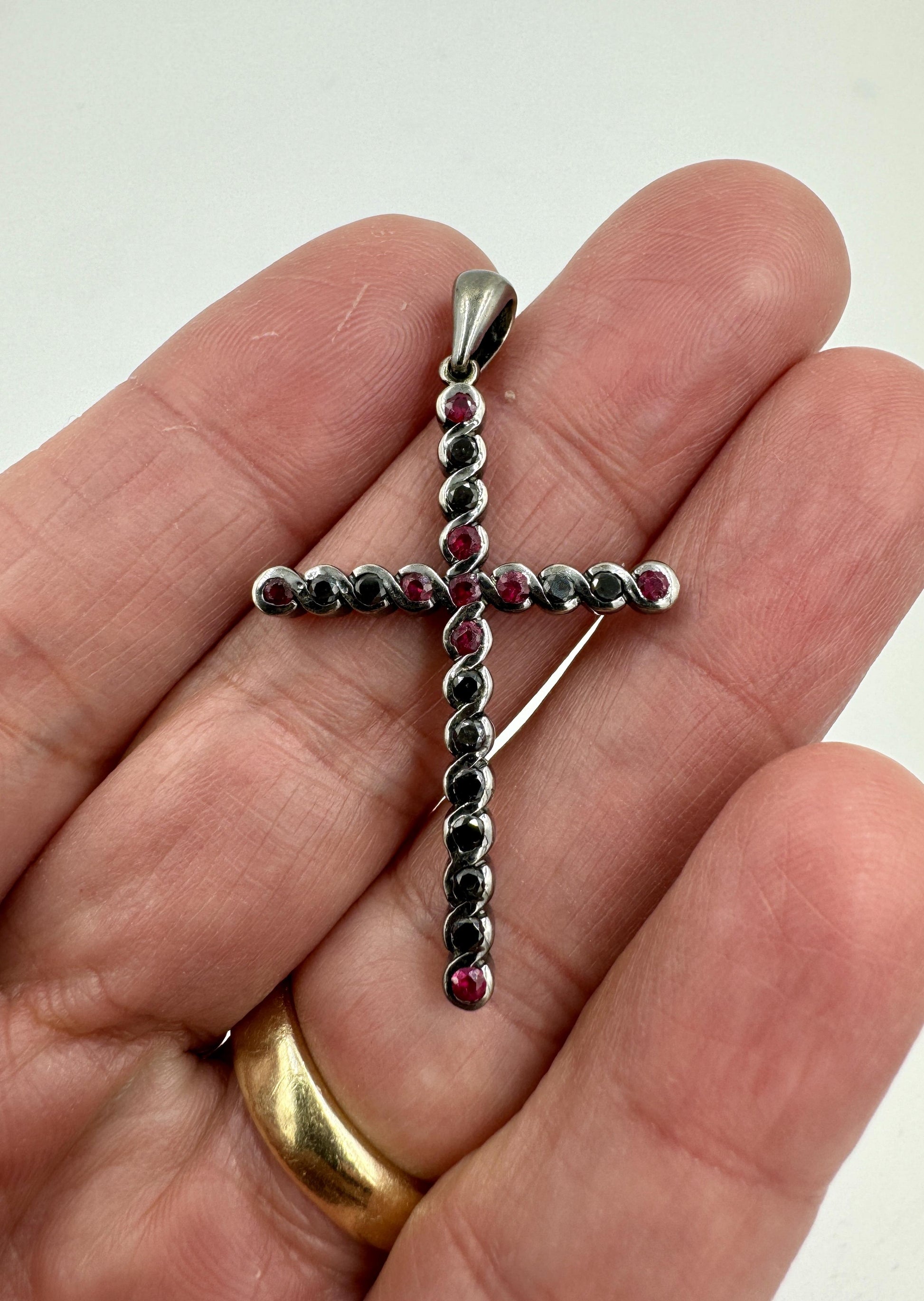 Vintage 14k White Gold Black Rhodium Ruby and Black Diamond Cross