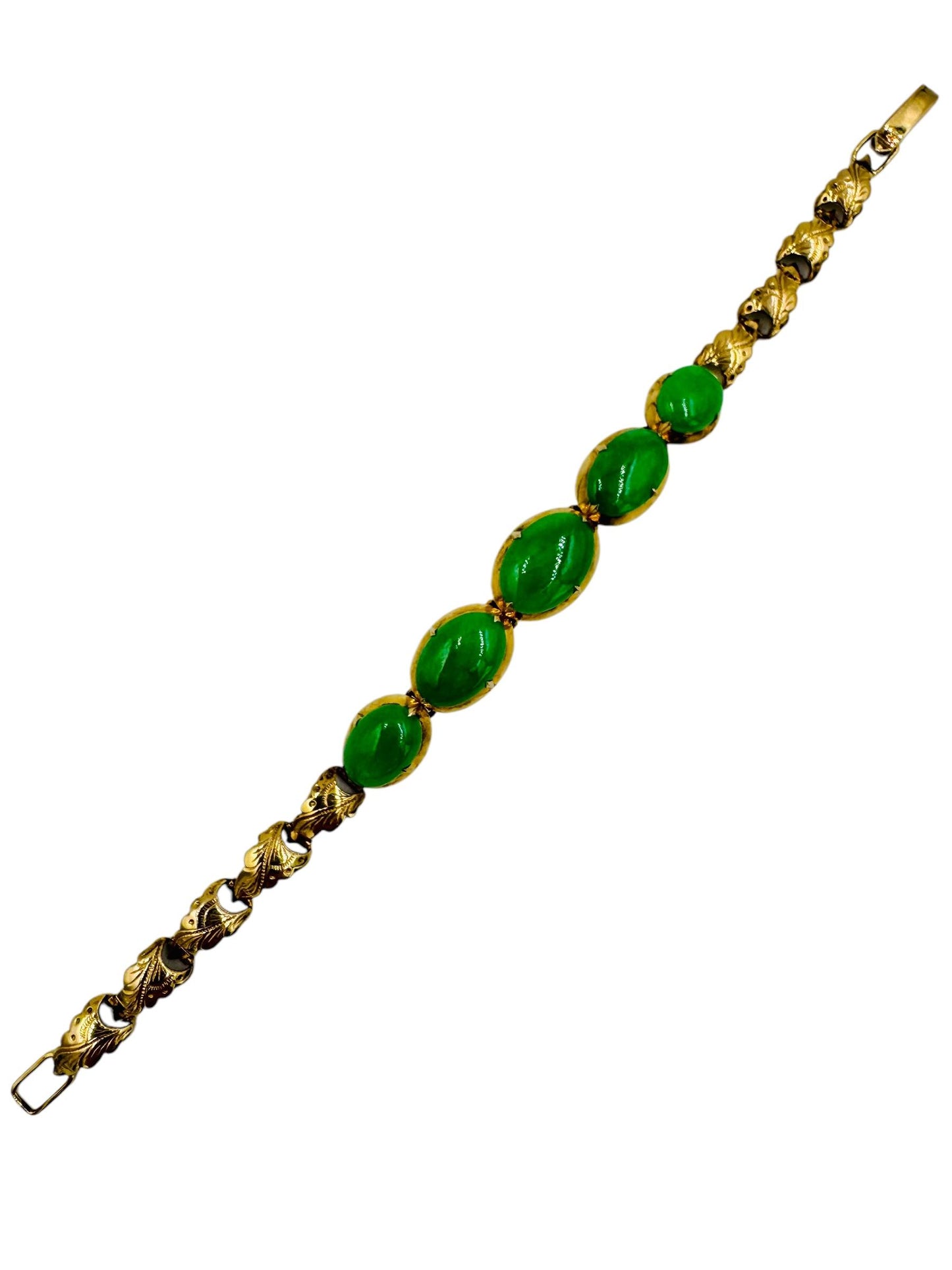 Art Deco 14k Gold Untreated Green Jade Bracelet 6"