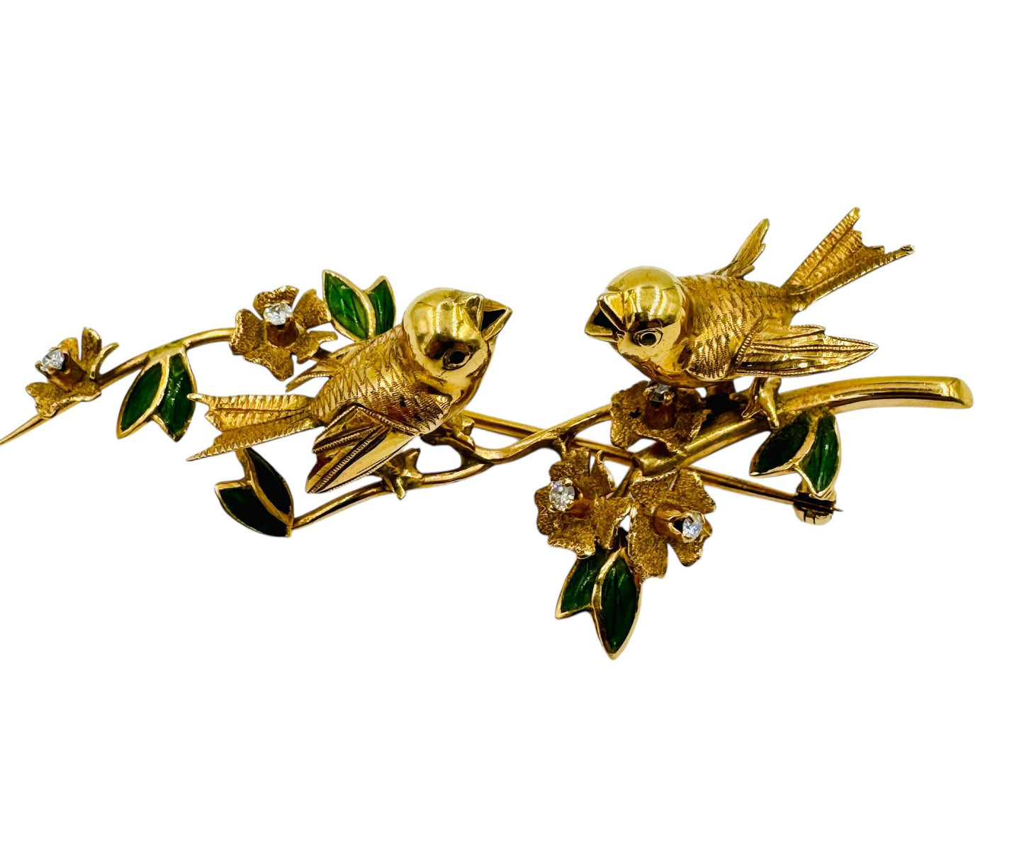 Vintage 18k Gold Italian Bird Diamond brooch Green Enamel