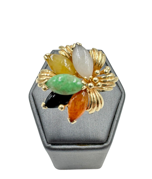Vintage 14k Yellow Gold Multi Color Jade Flower Ring