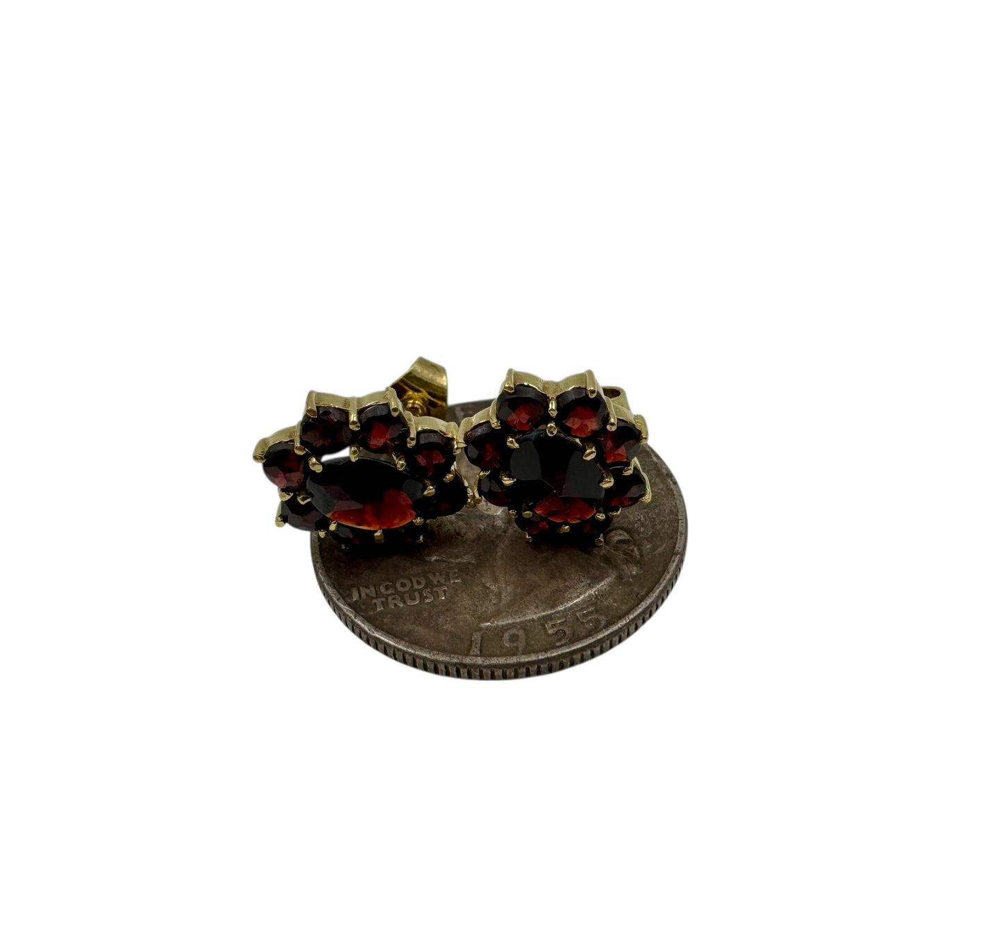 Vintage 14k Yellow Gold Rose Cut Garnet Cluster Stud Earrings