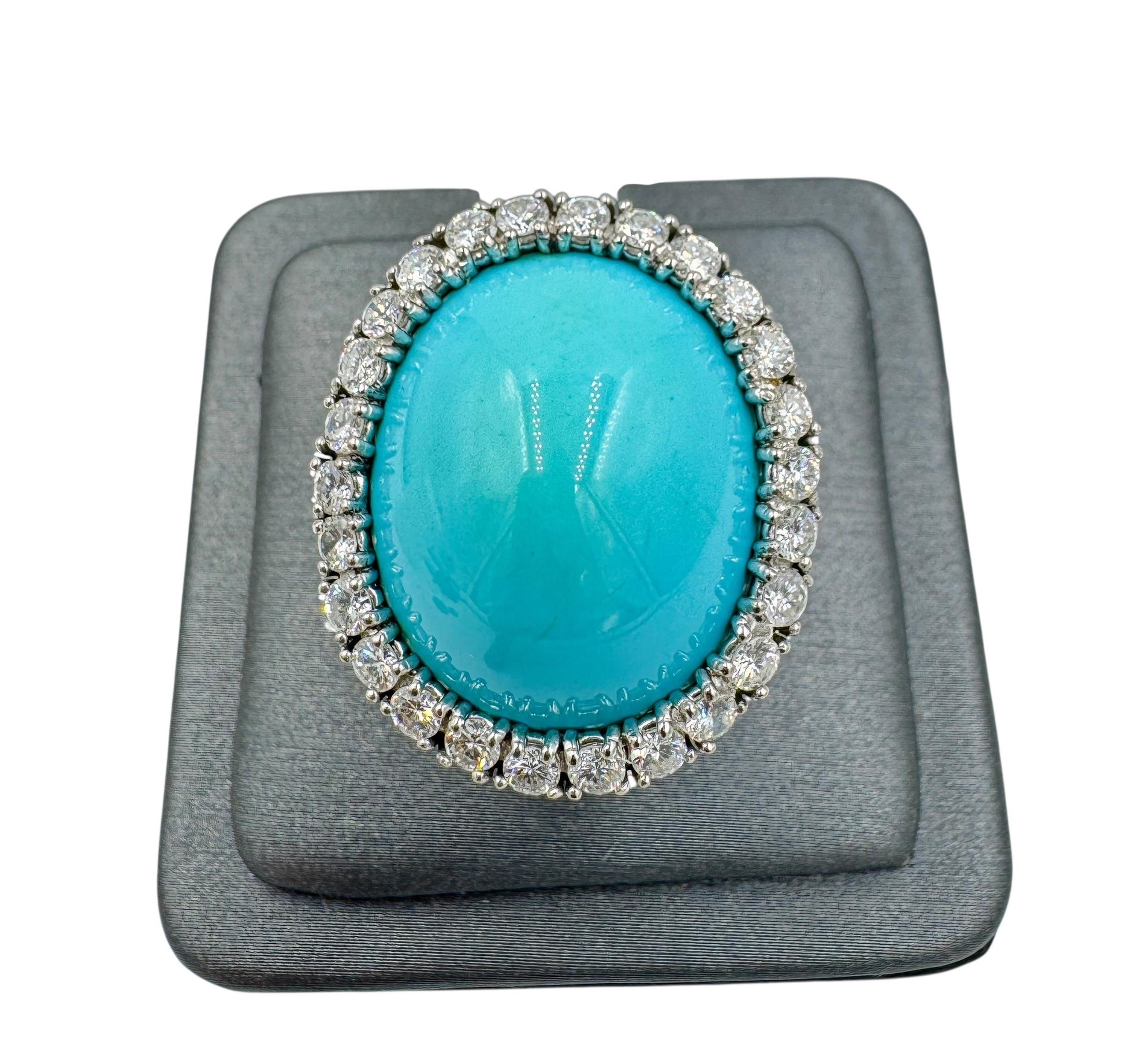 Mid Century 18k White Gold Turquoise Diamond Halo Cocktail Ring