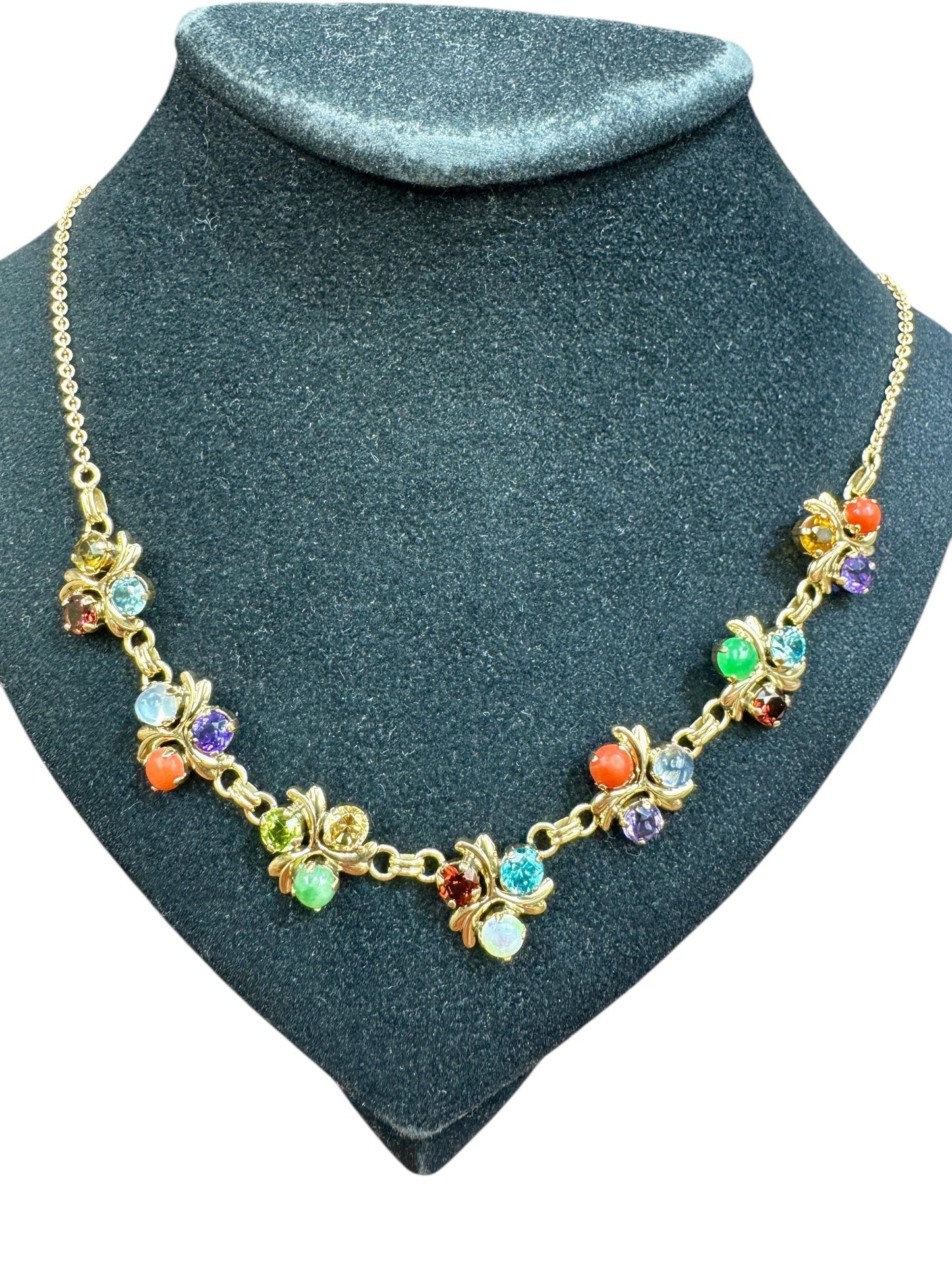 1950's 14k Gold Multi Gemstone Necklace Zircon Coral