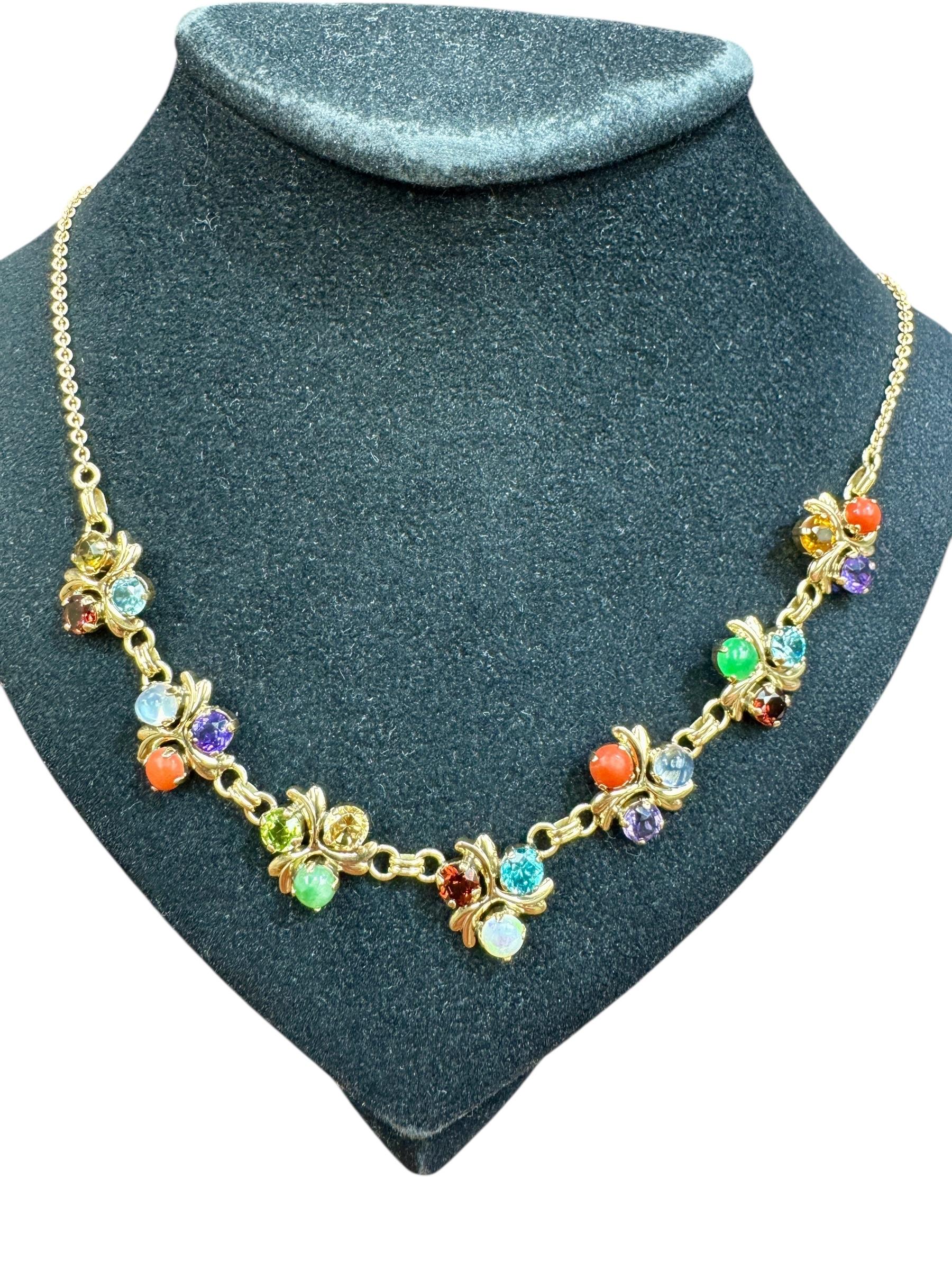 1950's 14k Gold Multi Gemstone Necklace Zircon Coral