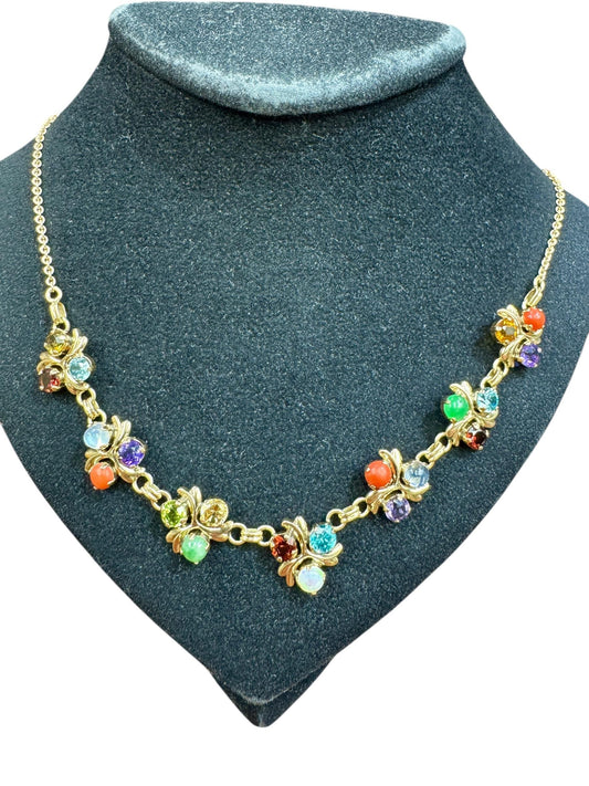 1950's 14k Gold Multi Gemstone Necklace Zircon Coral
