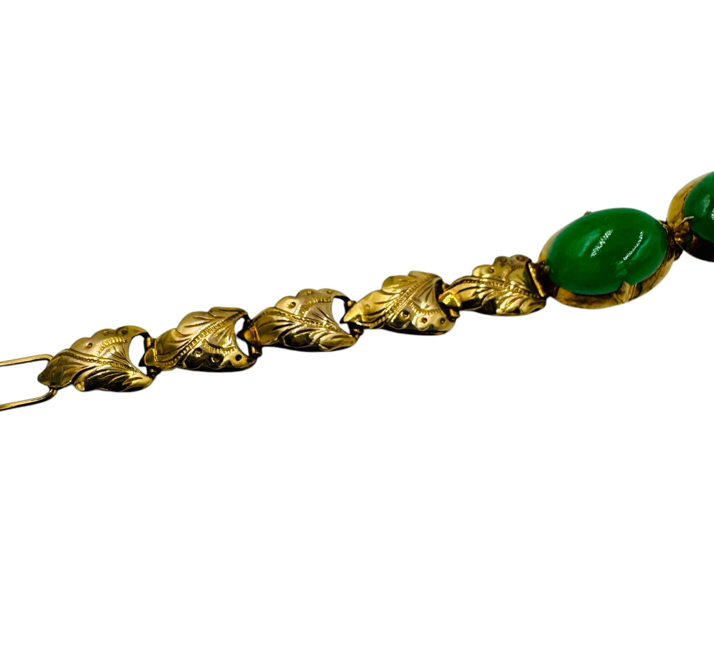 Art Deco 14k Gold Untreated Green Jade Bracelet 6"