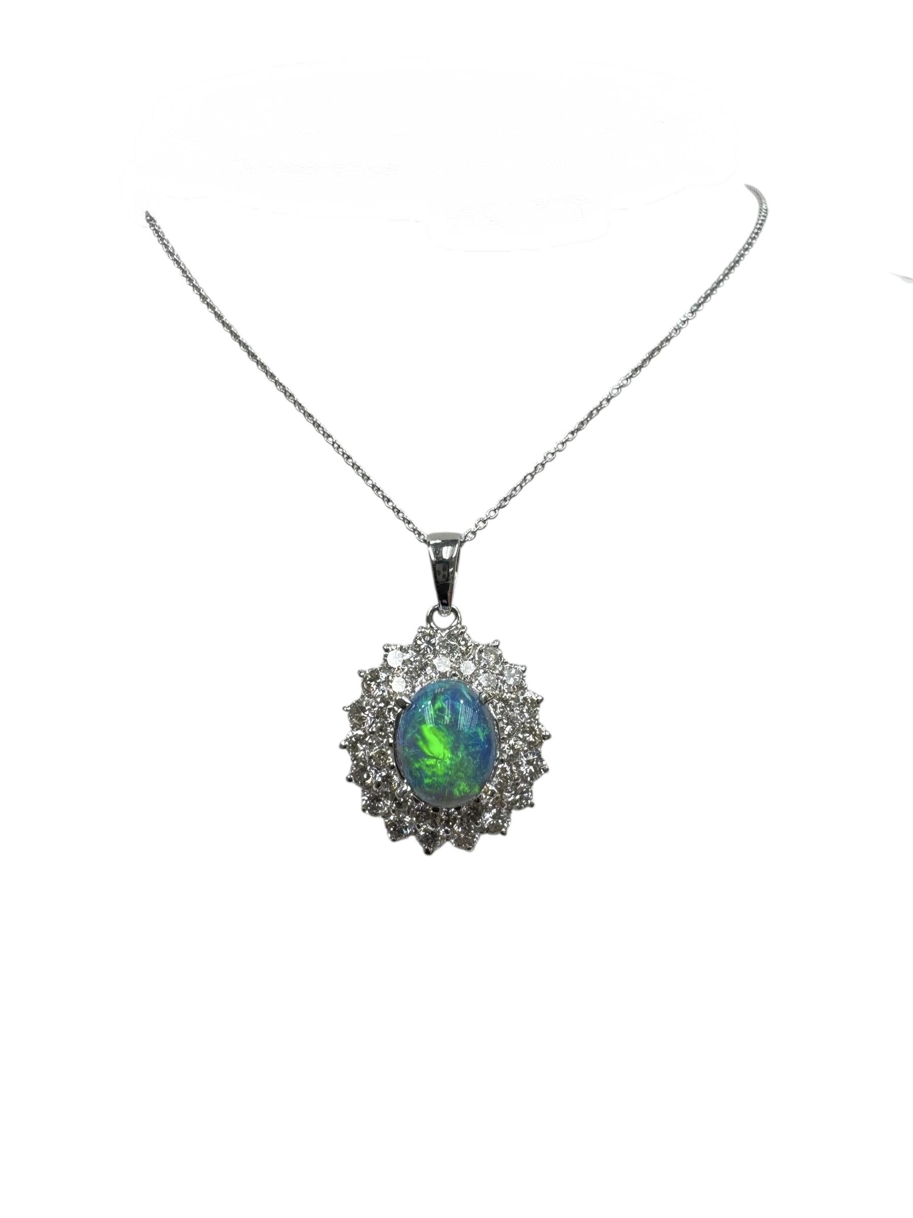 Estate Black Opal Diamond Pendant Necklace 18k White Gold