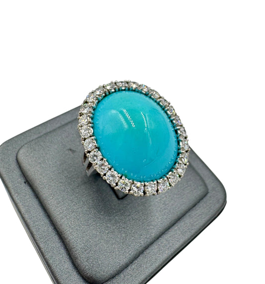 Mid Century 18k White Gold Turquoise Diamond Halo Cocktail Ring