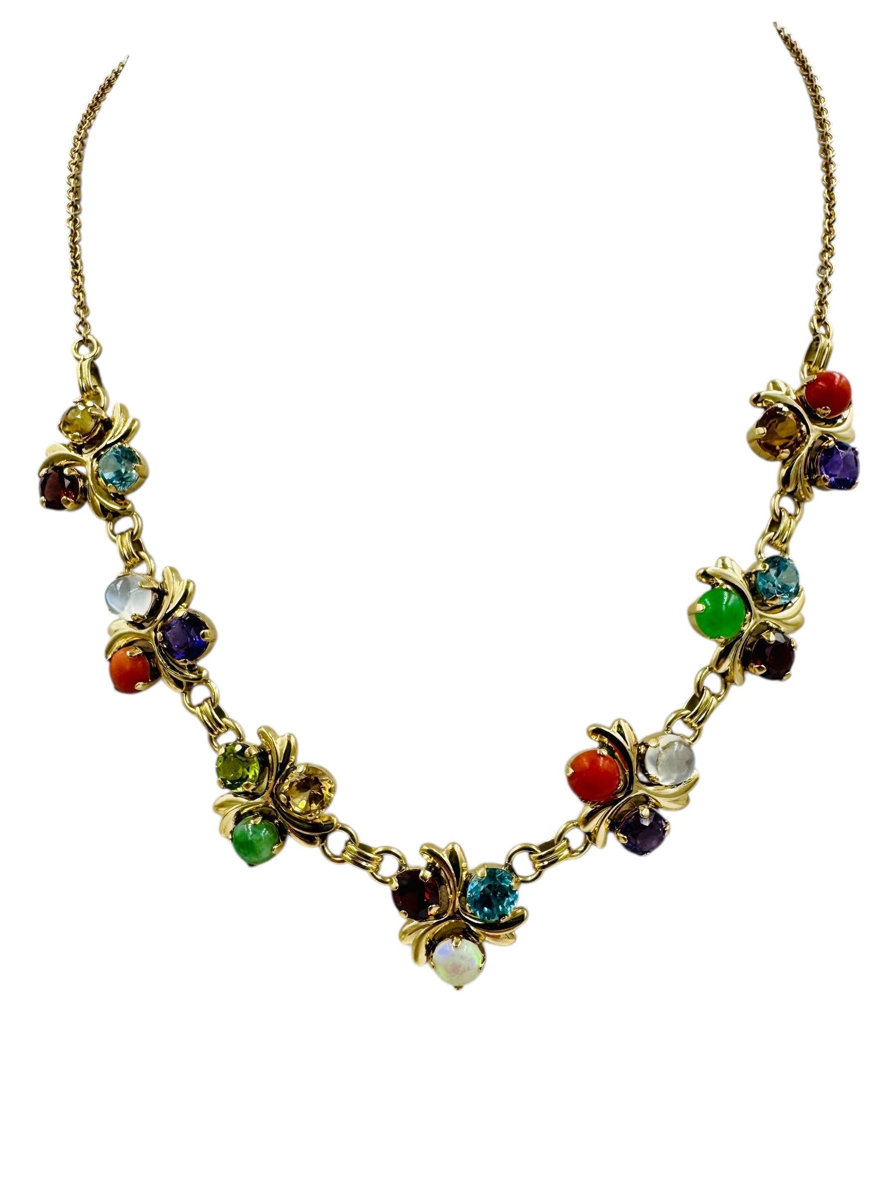 1950's 14k Gold Multi Gemstone Necklace Zircon Coral