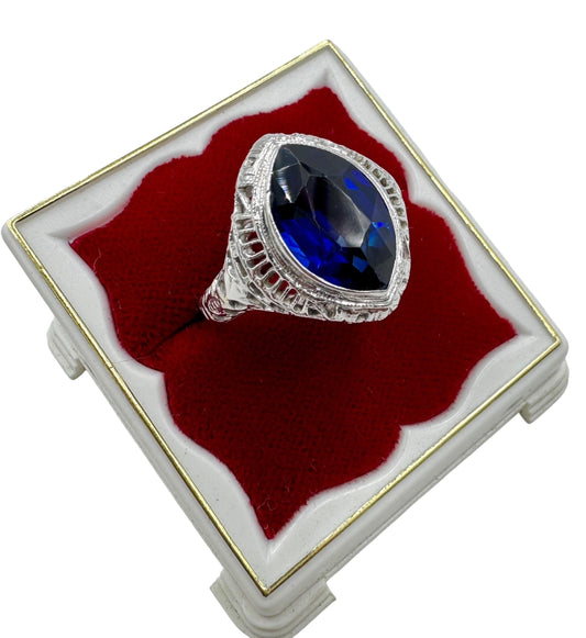 Art Deco 14k White Gold Blue Stone Filigree Ring