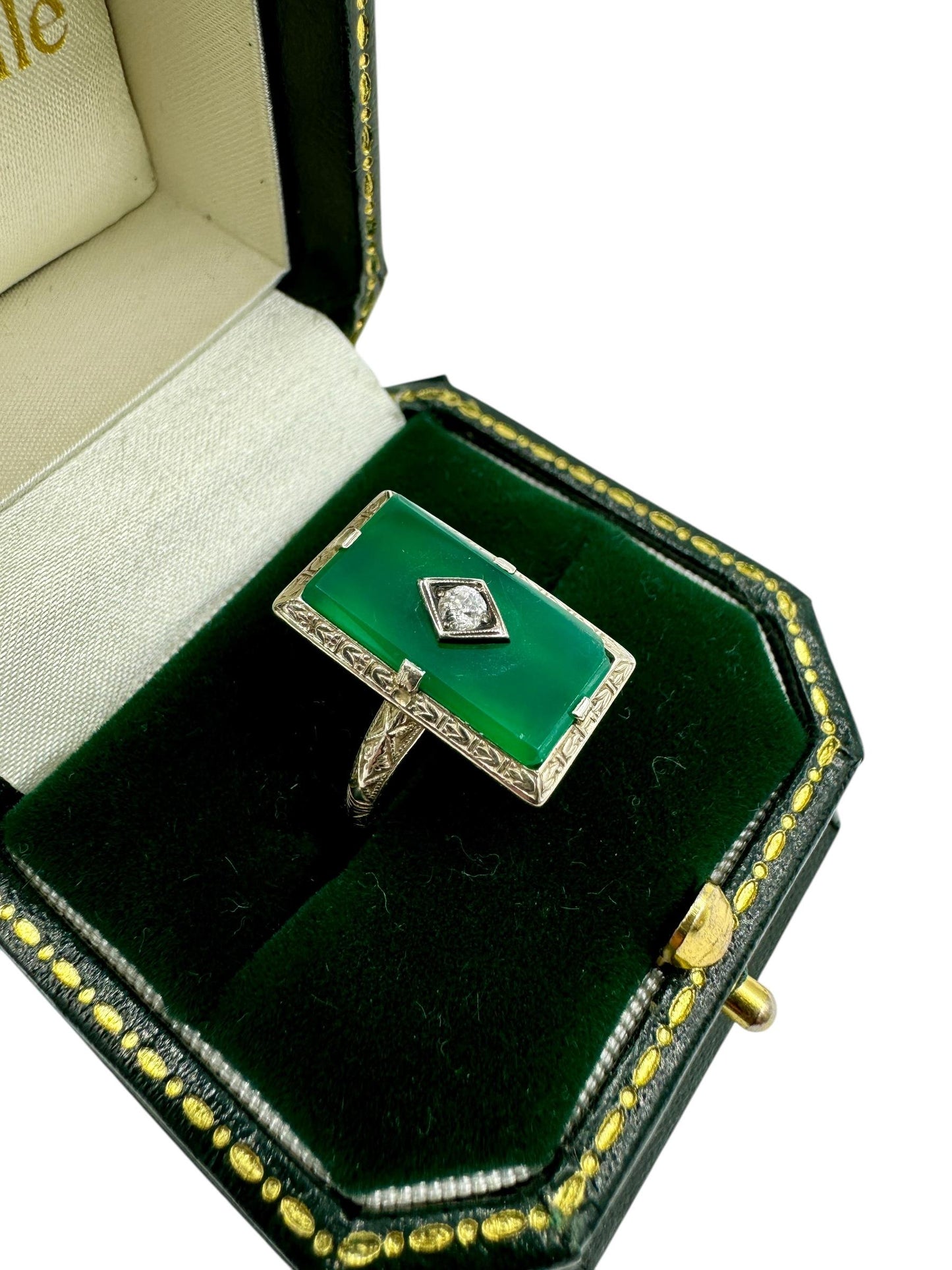 Art Deco 14k White Gold Green Stone Diamond ring Old Mine Cut