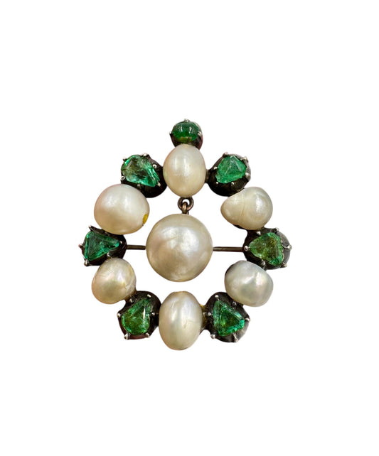 Victorian Emerald Pearl Brooch Silver On Gold