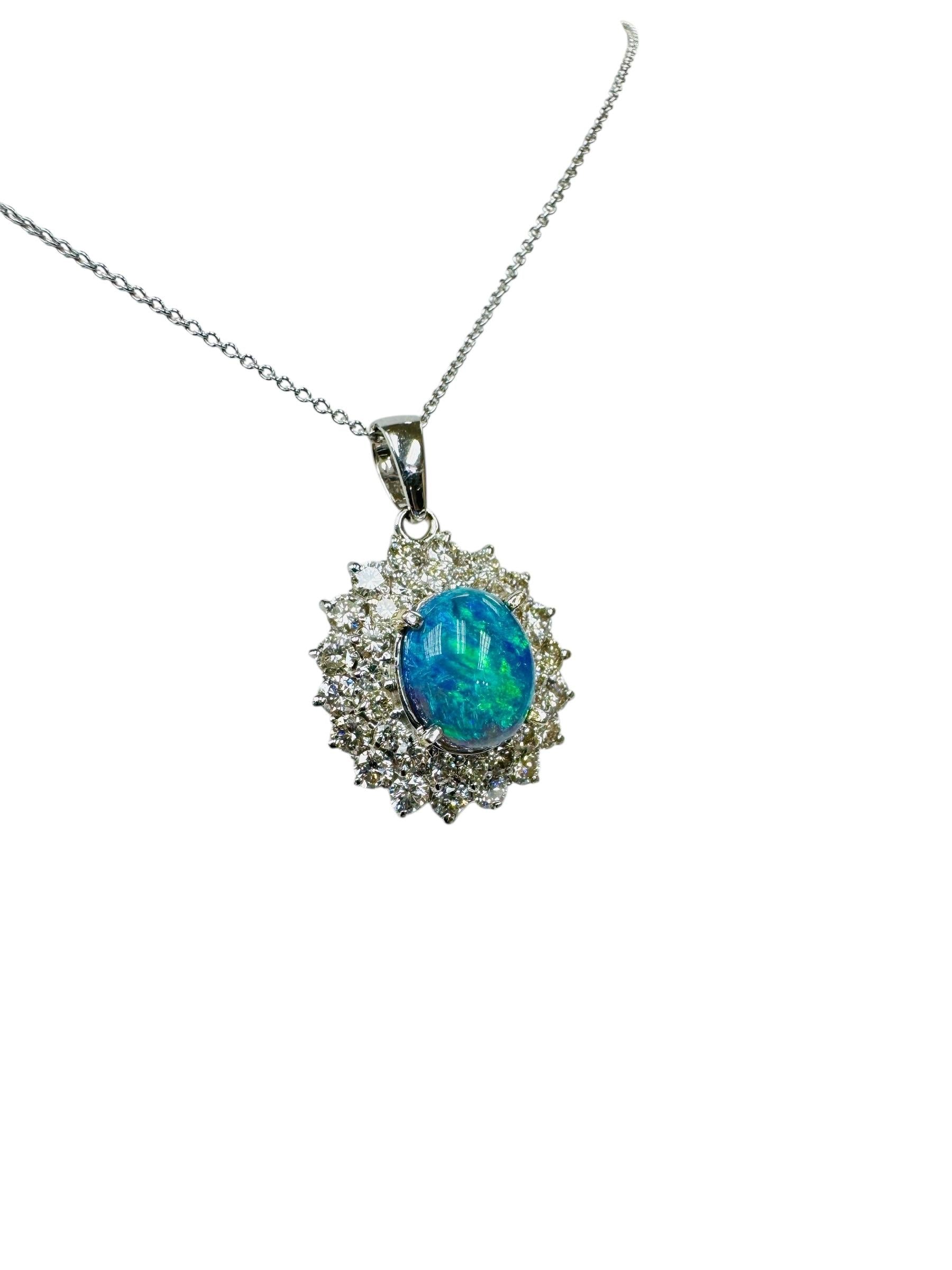 Estate Black Opal Diamond Pendant Necklace 18k White Gold