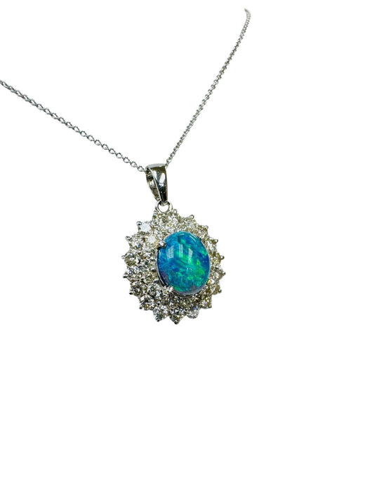 Estate Black Opal Diamond Pendant Necklace 18k White Gold