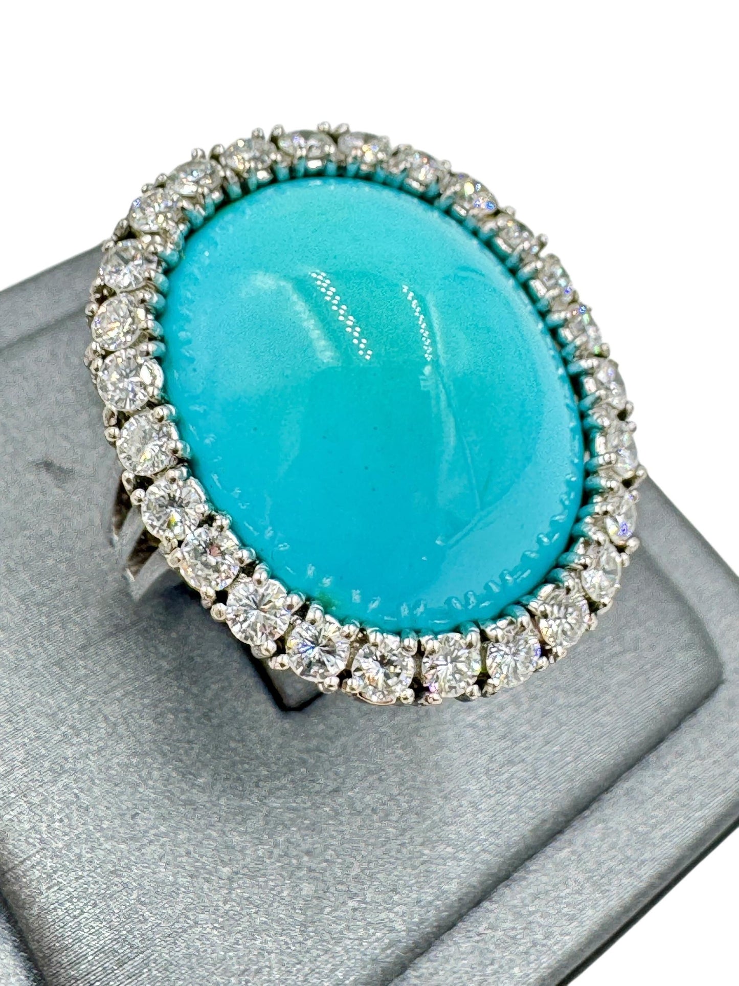Mid Century 18k White Gold Turquoise Diamond Halo Cocktail Ring