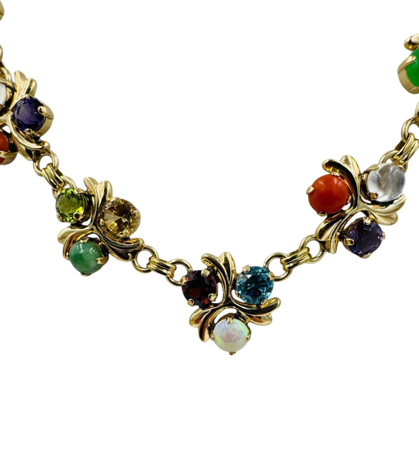 1950's 14k Gold Multi Gemstone Necklace Zircon Coral