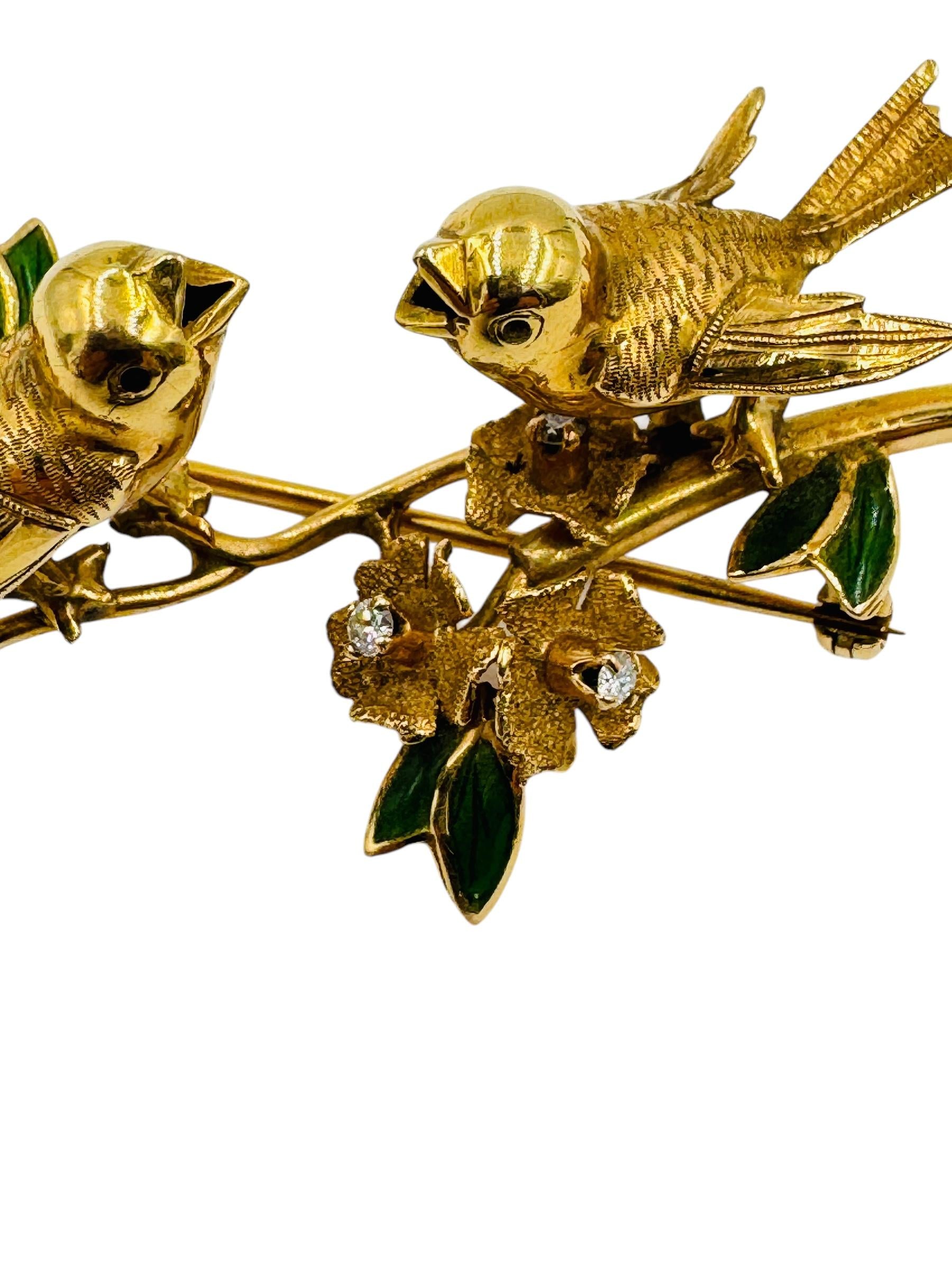 Vintage 18k Gold Italian Bird Diamond brooch Green Enamel