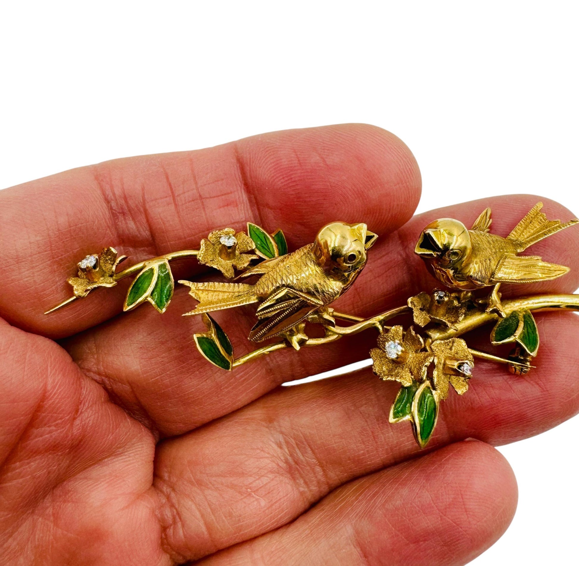 Vintage 18k Gold Italian Bird Diamond brooch Green Enamel