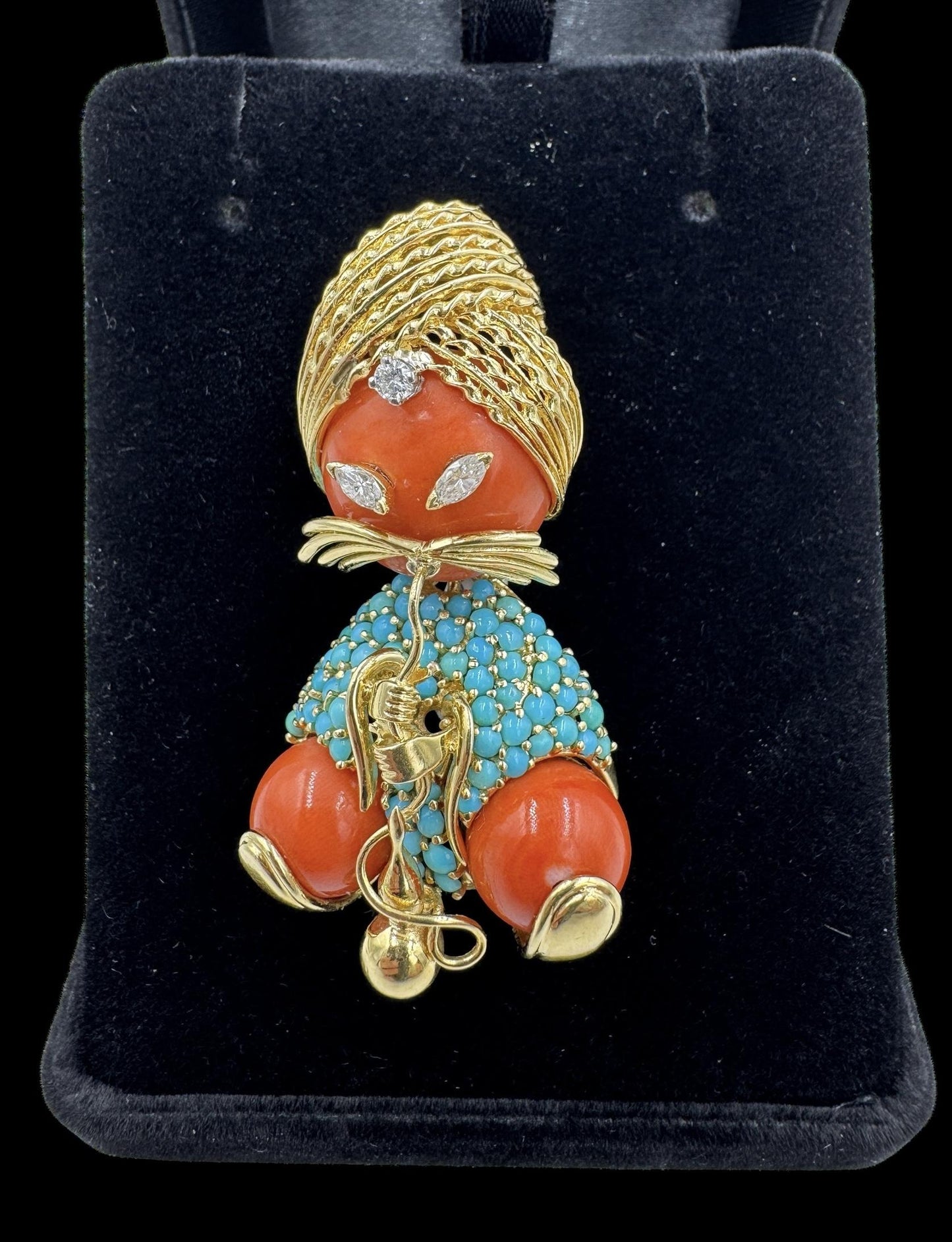 Dessin Parisian 18k Gold Swami Coral Turquoise Diamond Brooch Pin