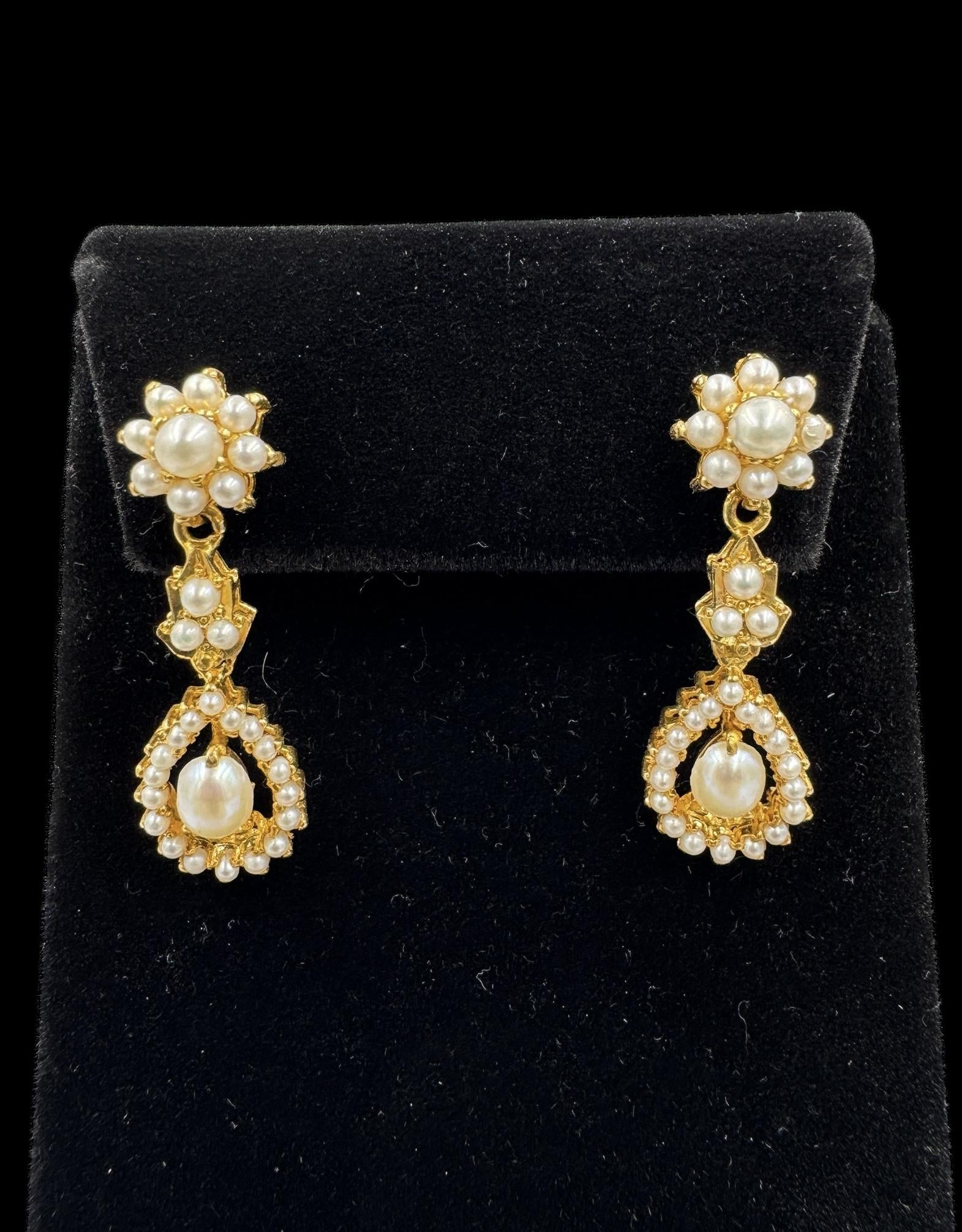 22k gold Pearl Dangle Drop Earrings