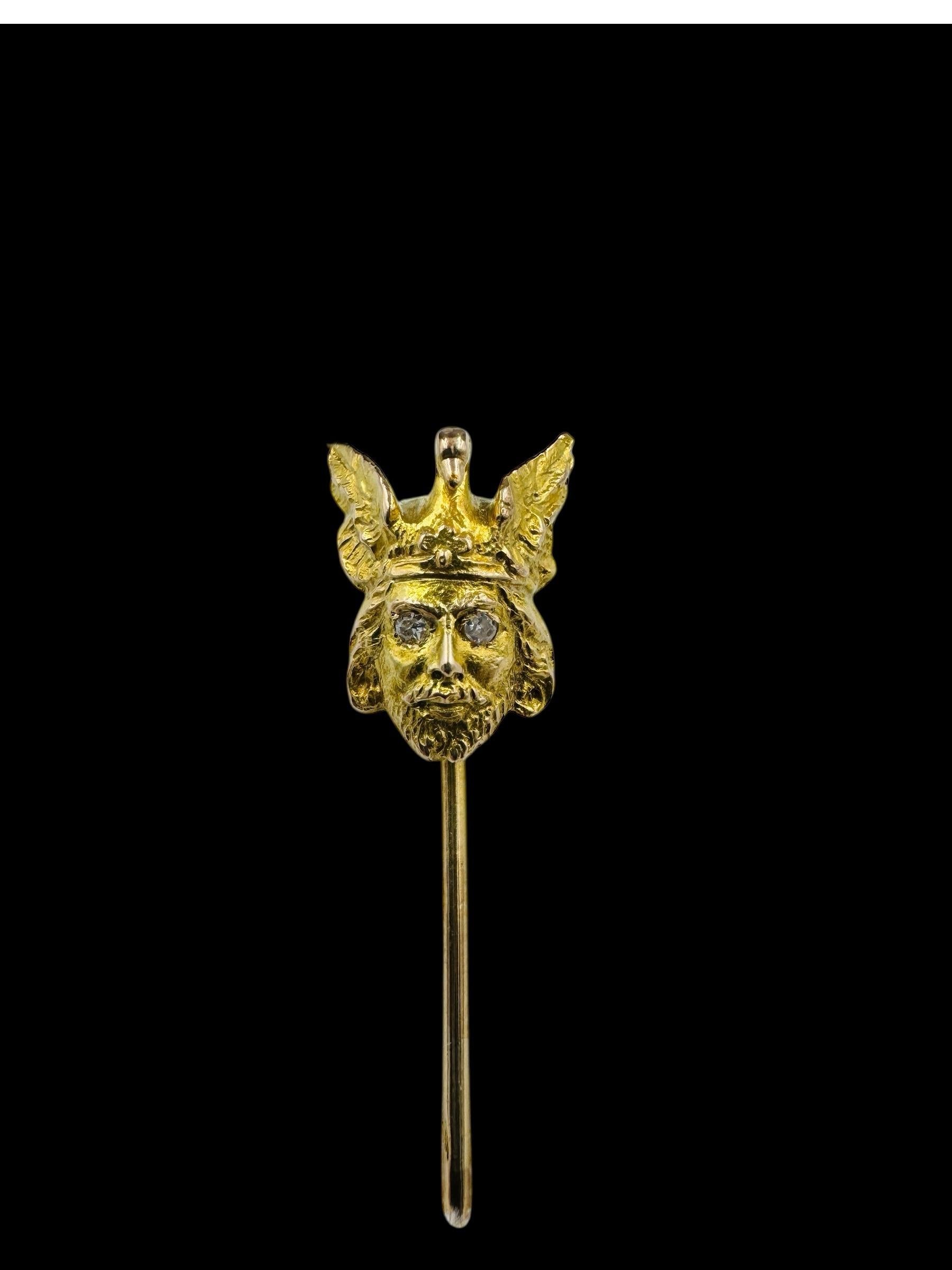 Mythological 12k Yellow Gold Man Swan Stick Pin Diamond Eyes