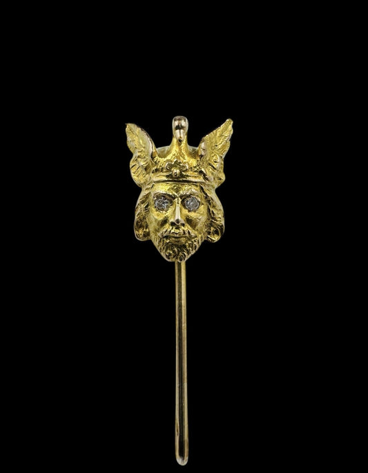 Mythological 12k Yellow Gold Man Swan Stick Pin Diamond Eyes