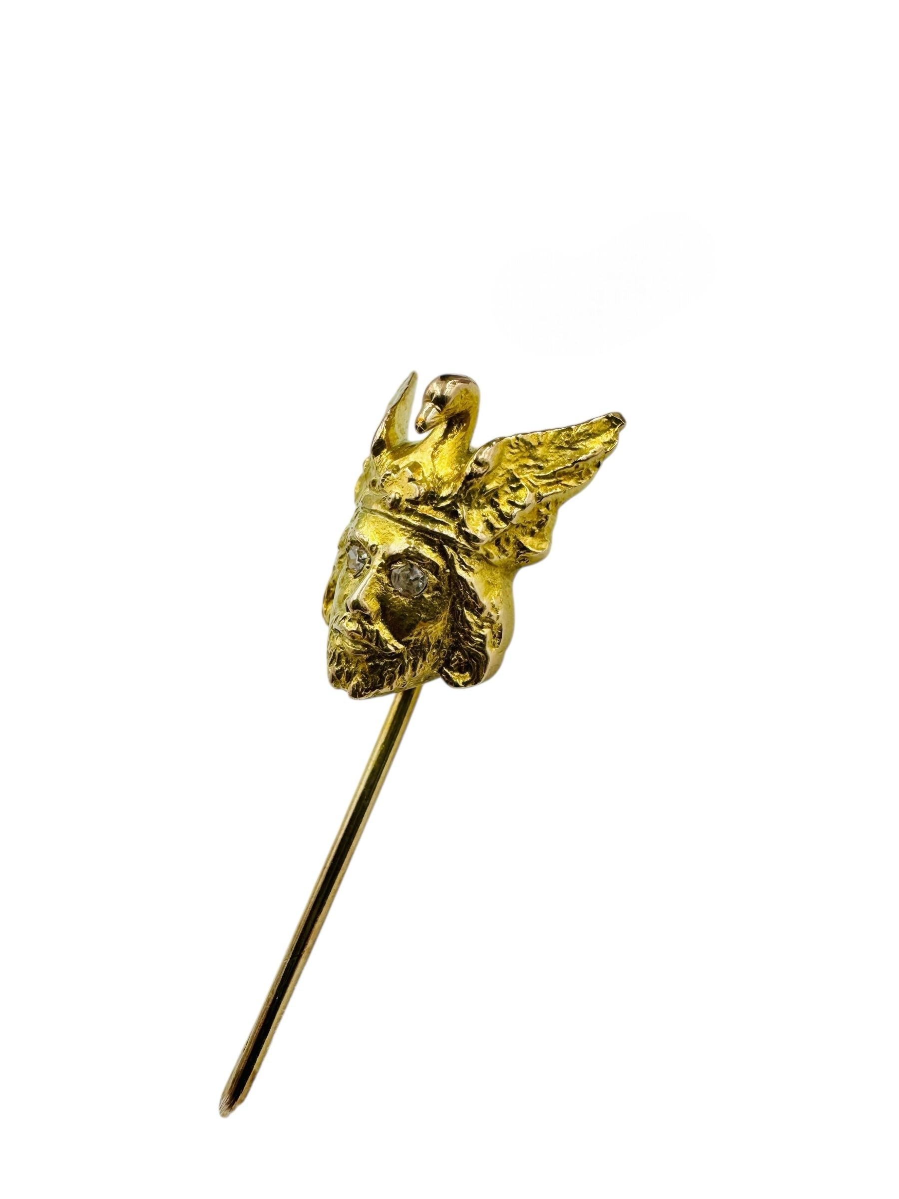 Mythological 12k Yellow Gold Man Swan Stick Pin Diamond Eyes