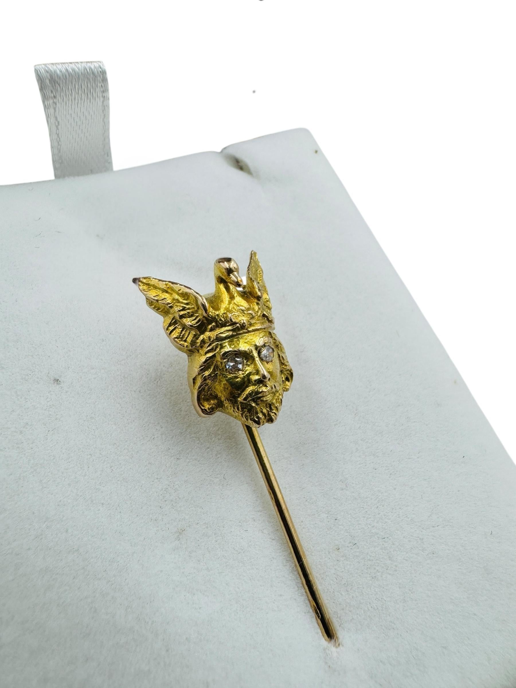 Mythological 12k Yellow Gold Man Swan Stick Pin Diamond Eyes
