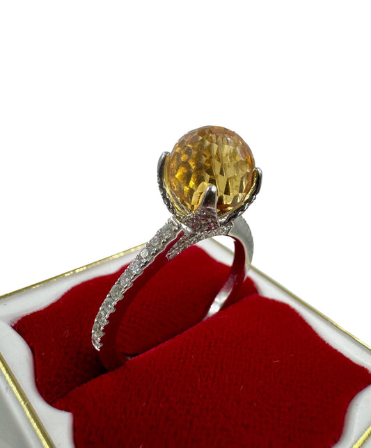 Designer Singed 14k White Gold Citrine Briolette and Diamond Ring