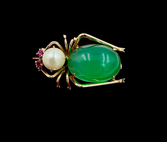 1940's 14k Gold Beatle Chrysoprase Pearl Brooch Pin