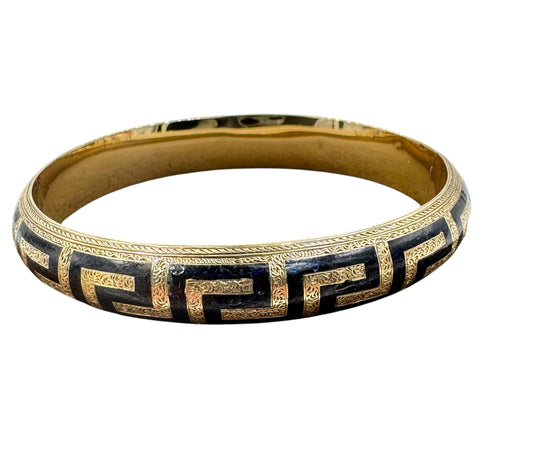 Antique Gold Filled Black Enamel Hinged Bangle Hand Etched